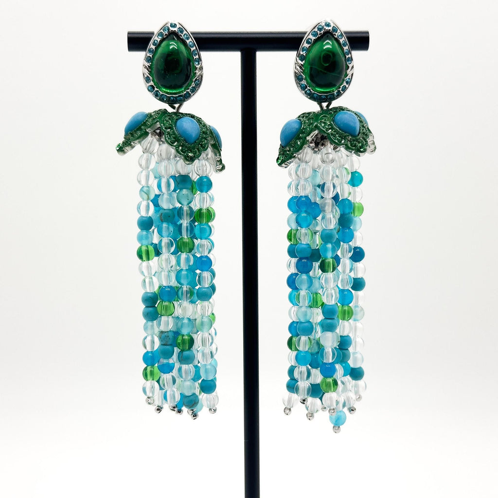 Art Deco Turquoise Boho Beaded Long Tassel Onyx Earrings