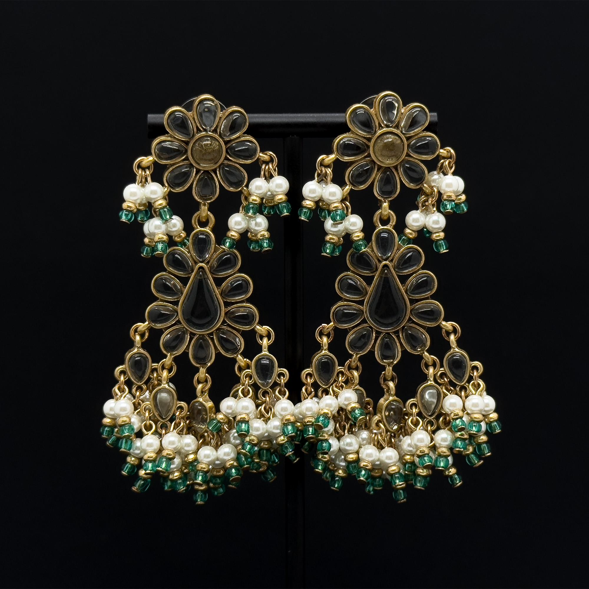 Art Deco Floral Glass Tassel Earrings 18K Gold-Plated Copper