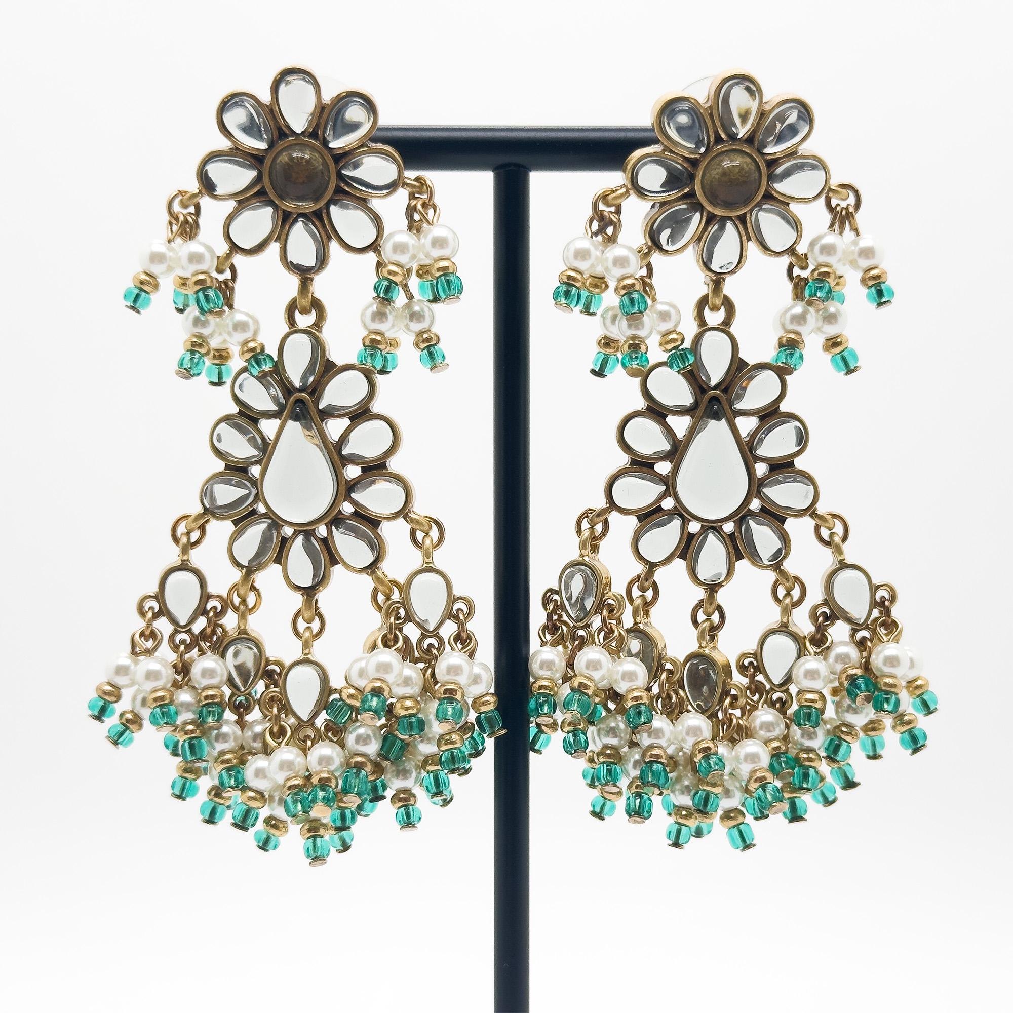 Art Deco Floral Glass Tassel Earrings 18K Gold-Plated Copper