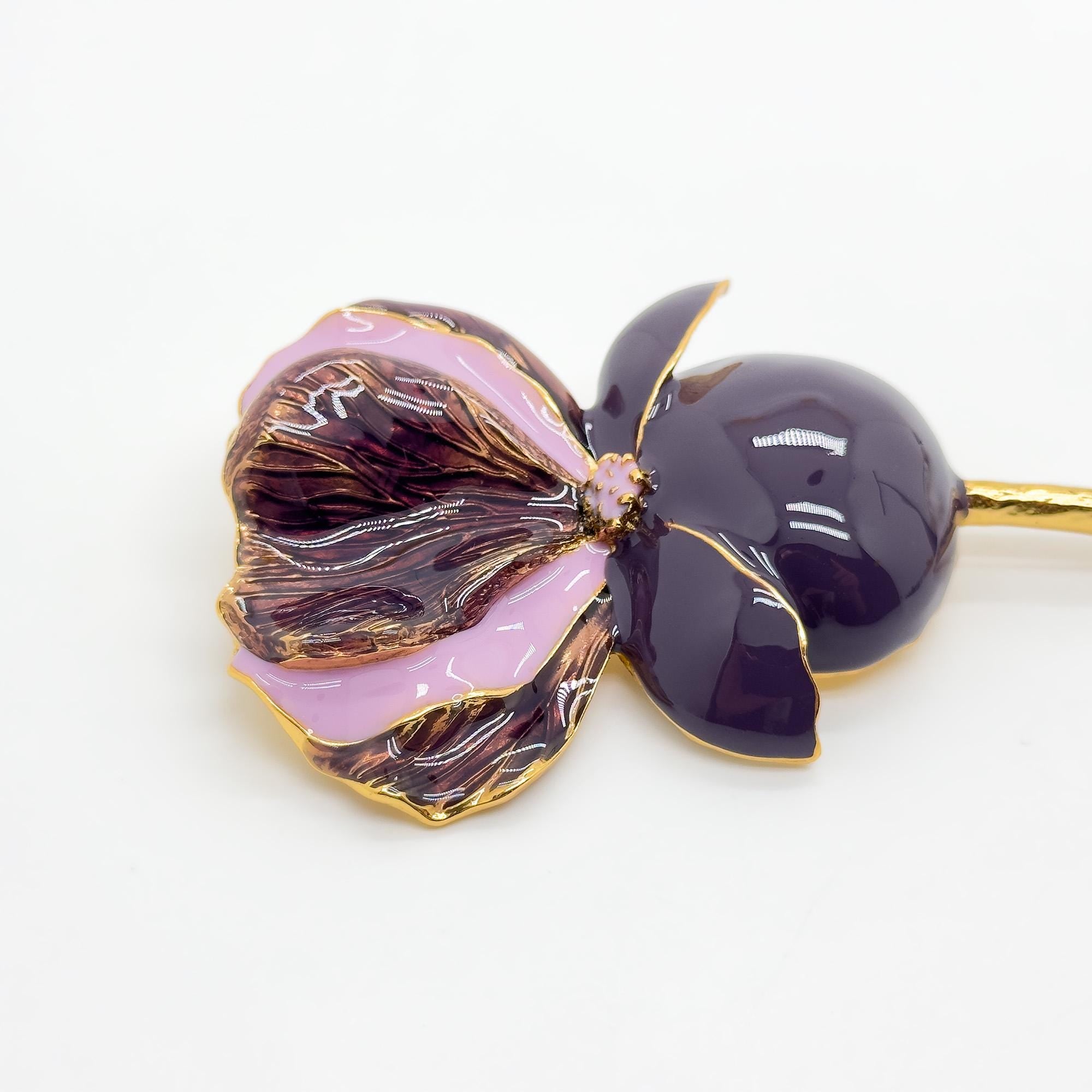 Vintage Art Deco Enamel 3D Flower Brooch Purple Copper Pin