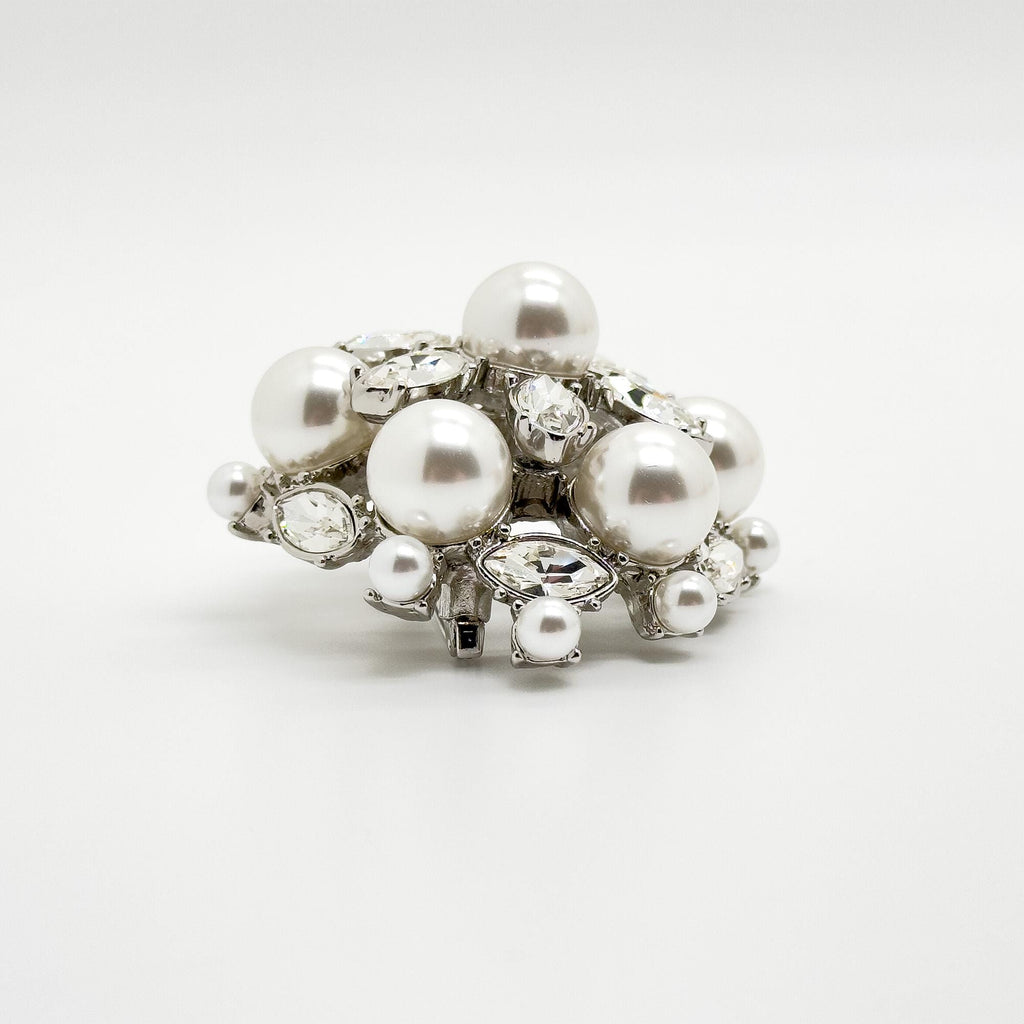 Vintage Art Deco Pearl Rhinestone Brooch Copper Coat Pin