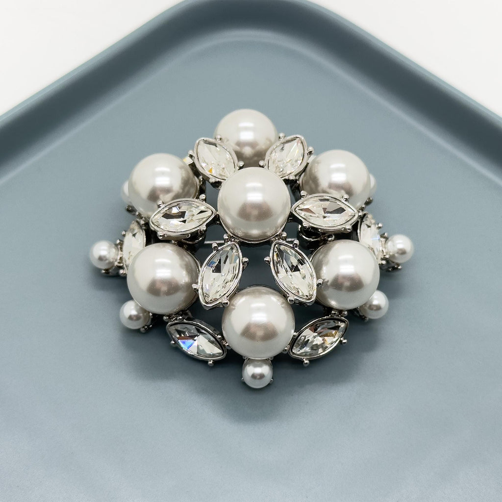 Vintage Art Deco Pearl Rhinestone Brooch Copper Coat Pin