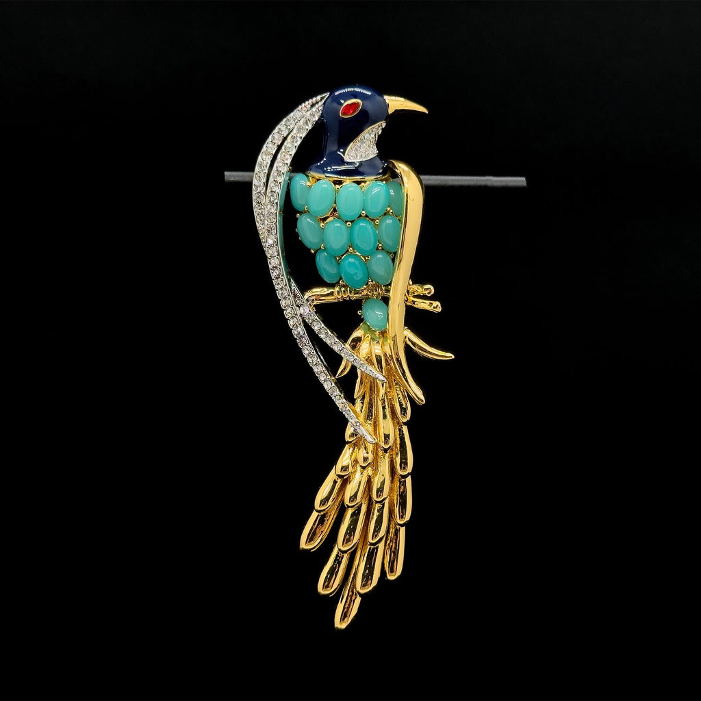 Vintage Art Deco 3D Bird Brooch Gold-Plated Rhinestone Magpie