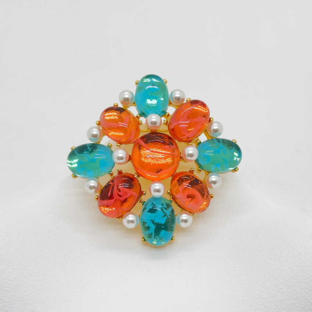 Vintage Art Deco Lapis Lazuli Pearl Gold-Plated Geometric Enamel Brooch