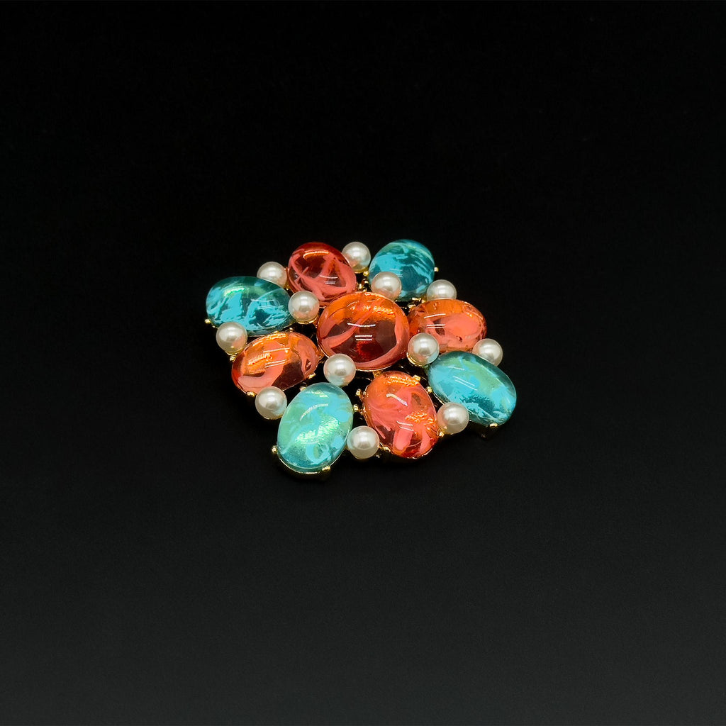 Vintage Art Deco Lapis Lazuli Pearl Gold-Plated Geometric Enamel Brooch