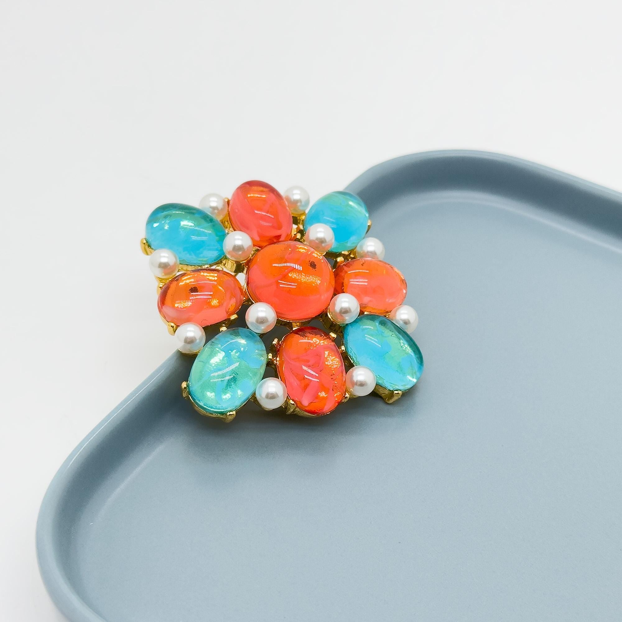 Vintage Art Deco Lapis Lazuli Pearl Gold-Plated Geometric Enamel Brooch