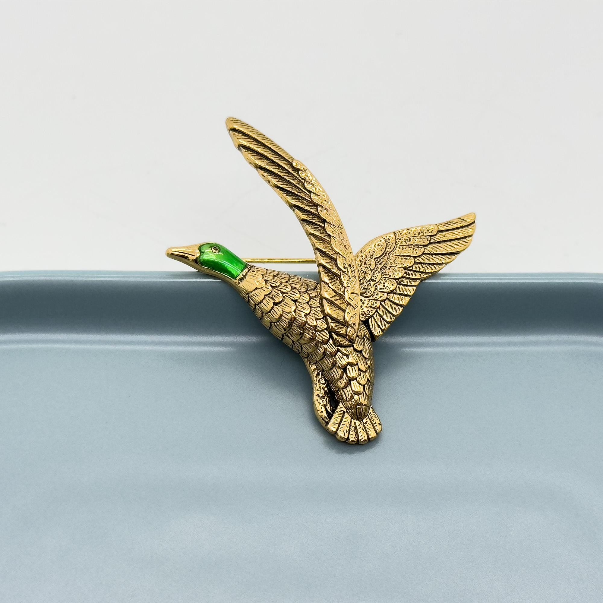 Vintage Art Deco Enamel Egret Brooch Copper 3D Seabird Pin