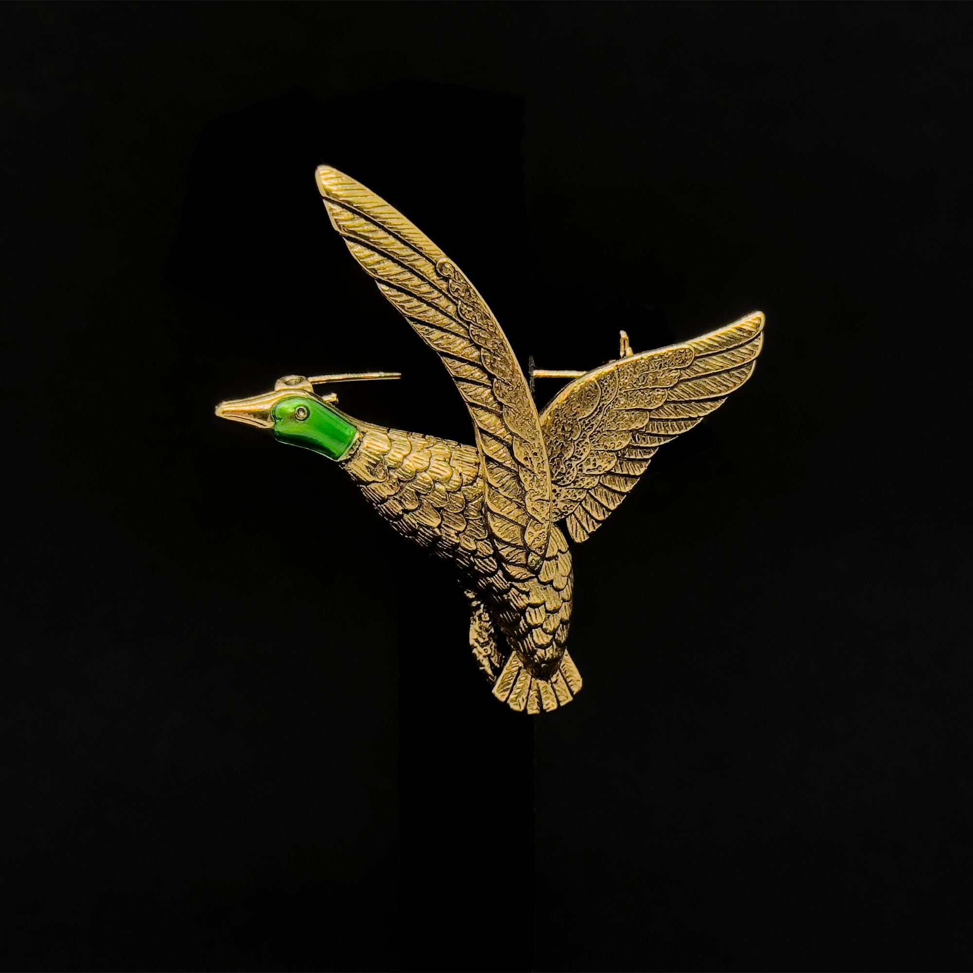 Vintage Art Deco Enamel Egret Brooch Copper 3D Seabird Pin