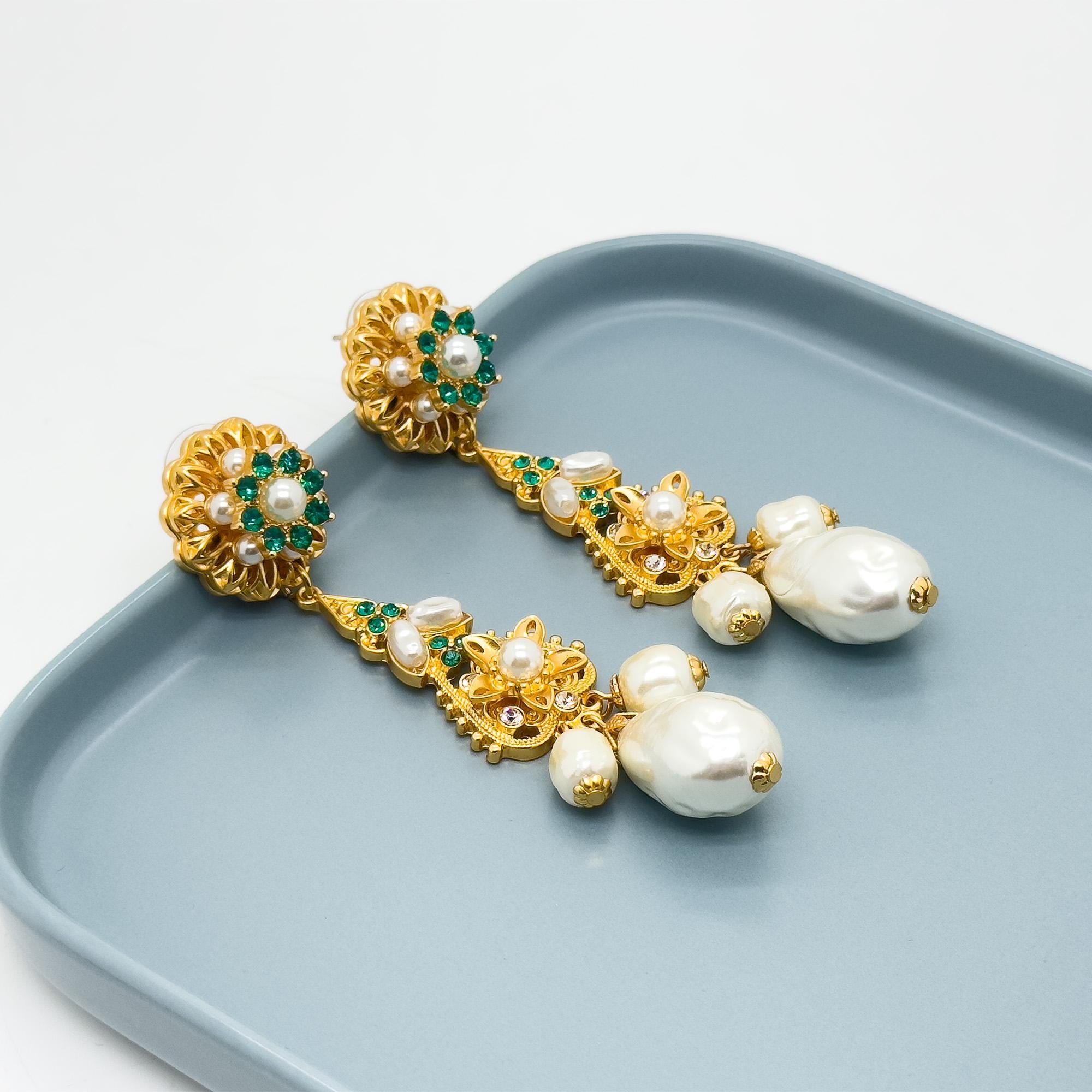 Art Deco Pearl Drop Crystal Sunflower Gold-Plated Statement Earrings