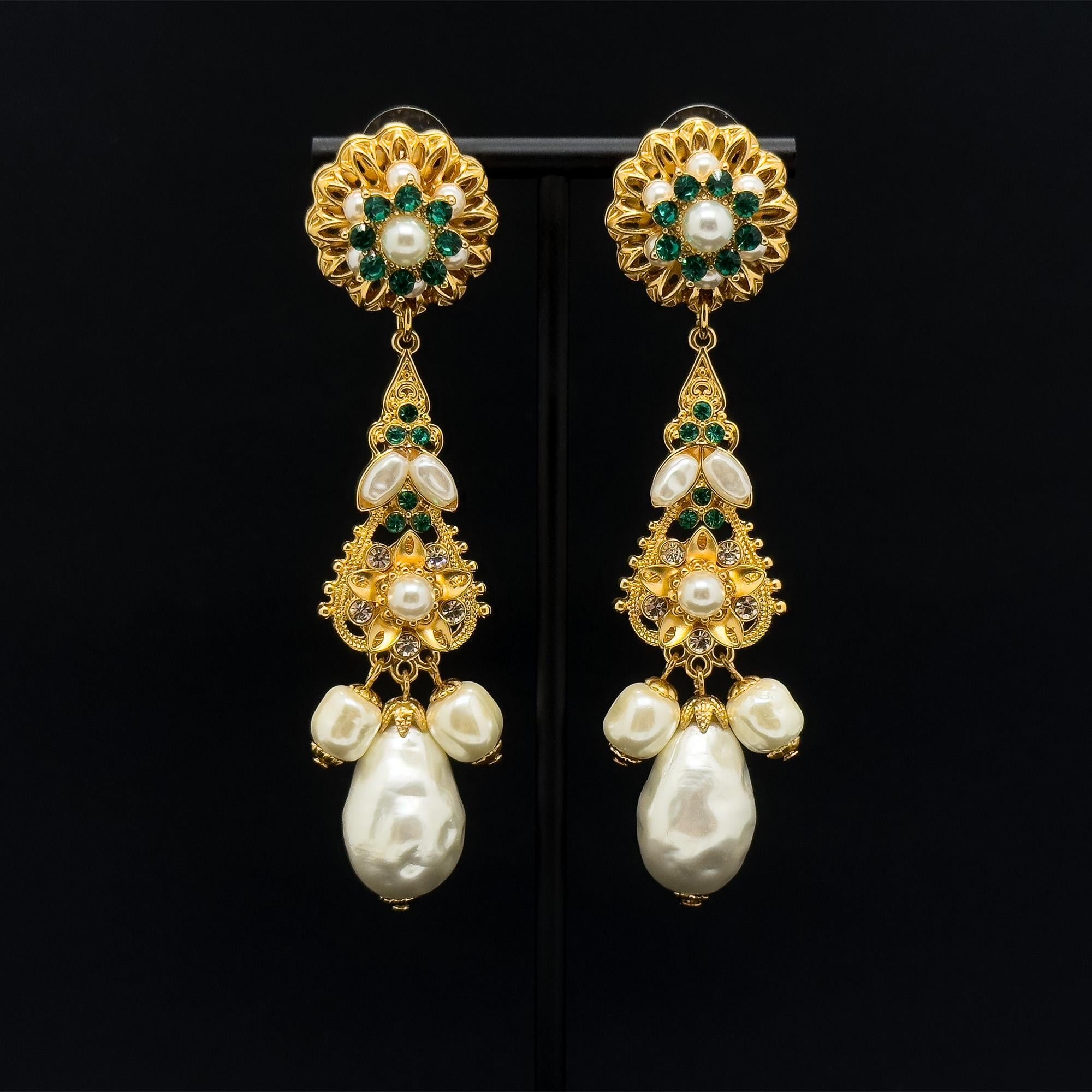 Art Deco Pearl Drop Crystal Sunflower Gold-Plated Statement Earrings