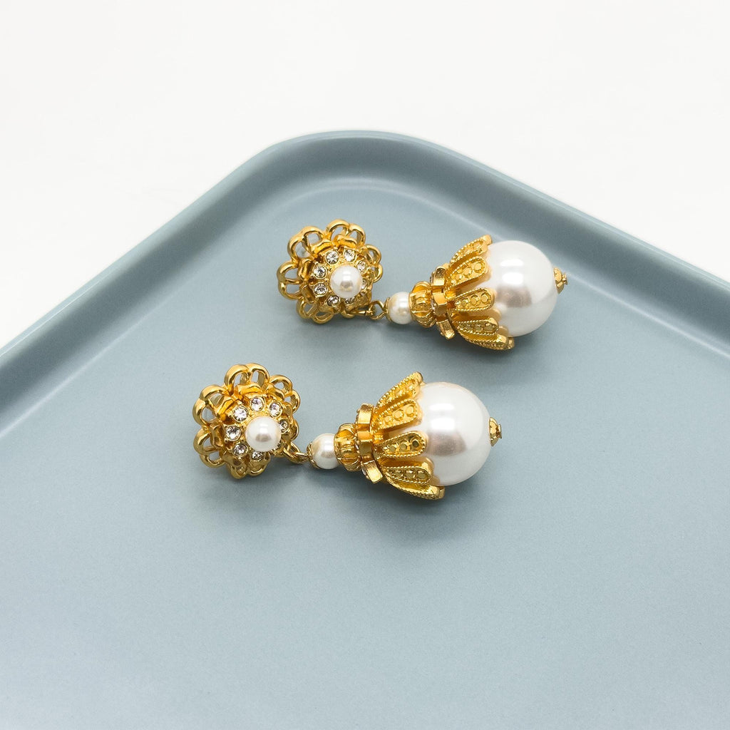 Art Deco Pearl Drop Earrings Gold-Plated Copper Sterling Hooks