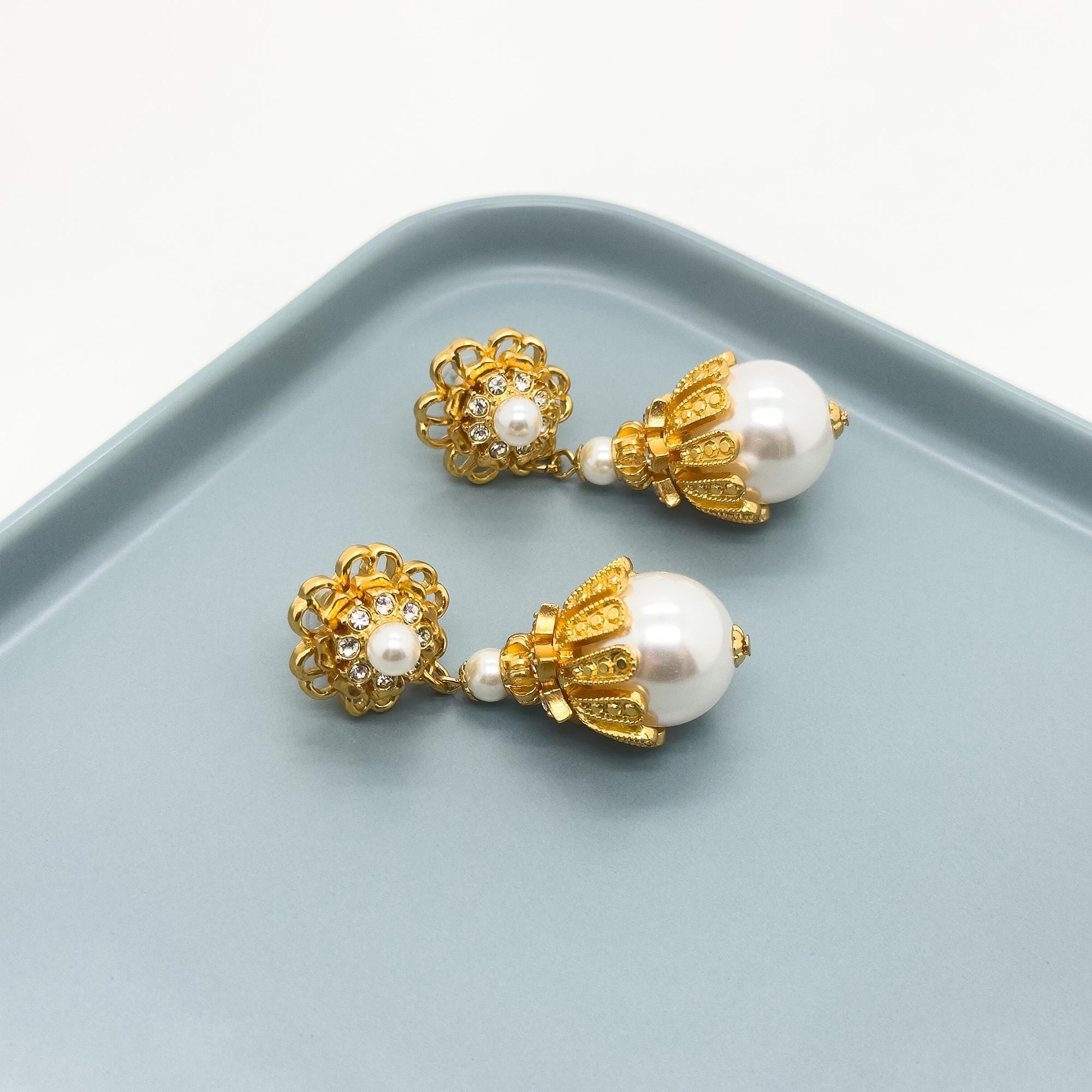 Art Deco Pearl Drop Earrings Gold-Plated Copper Sterling Hooks