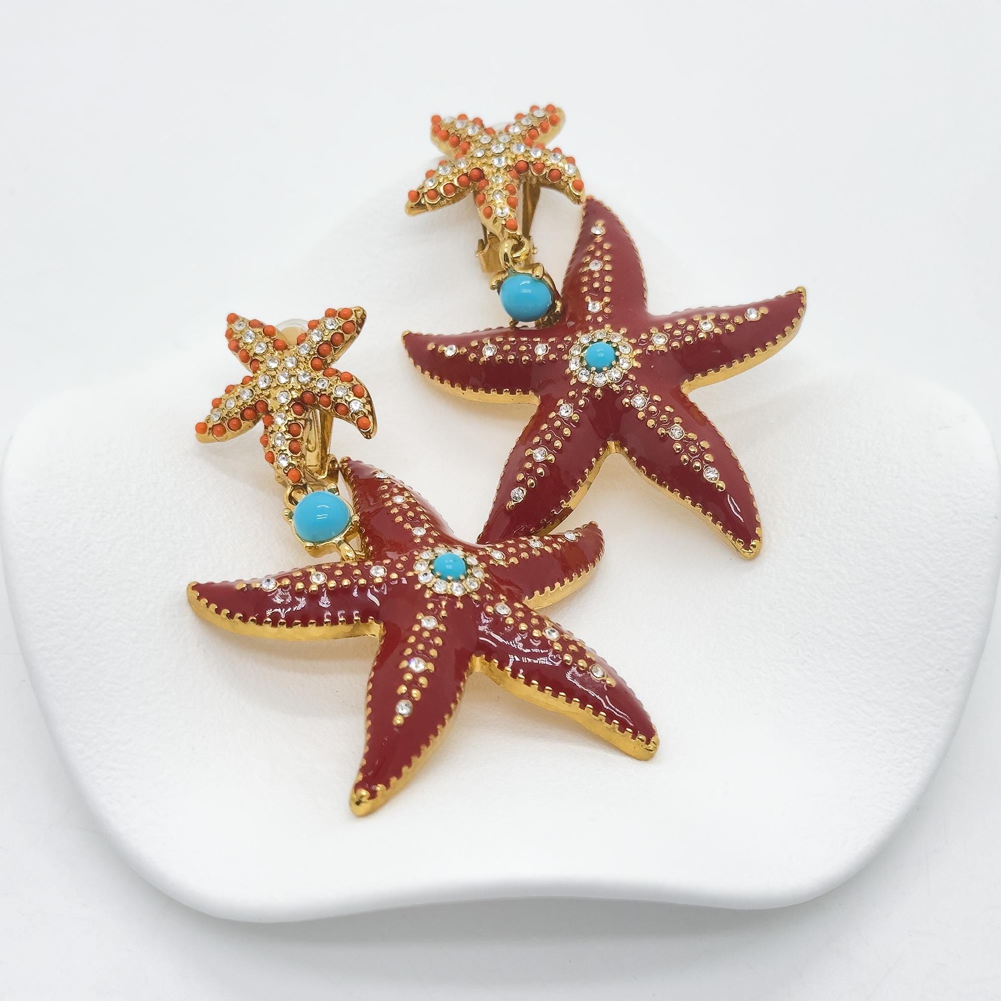 Art Deco Enamel Starfish Drop Earrings with Gemstone Copper