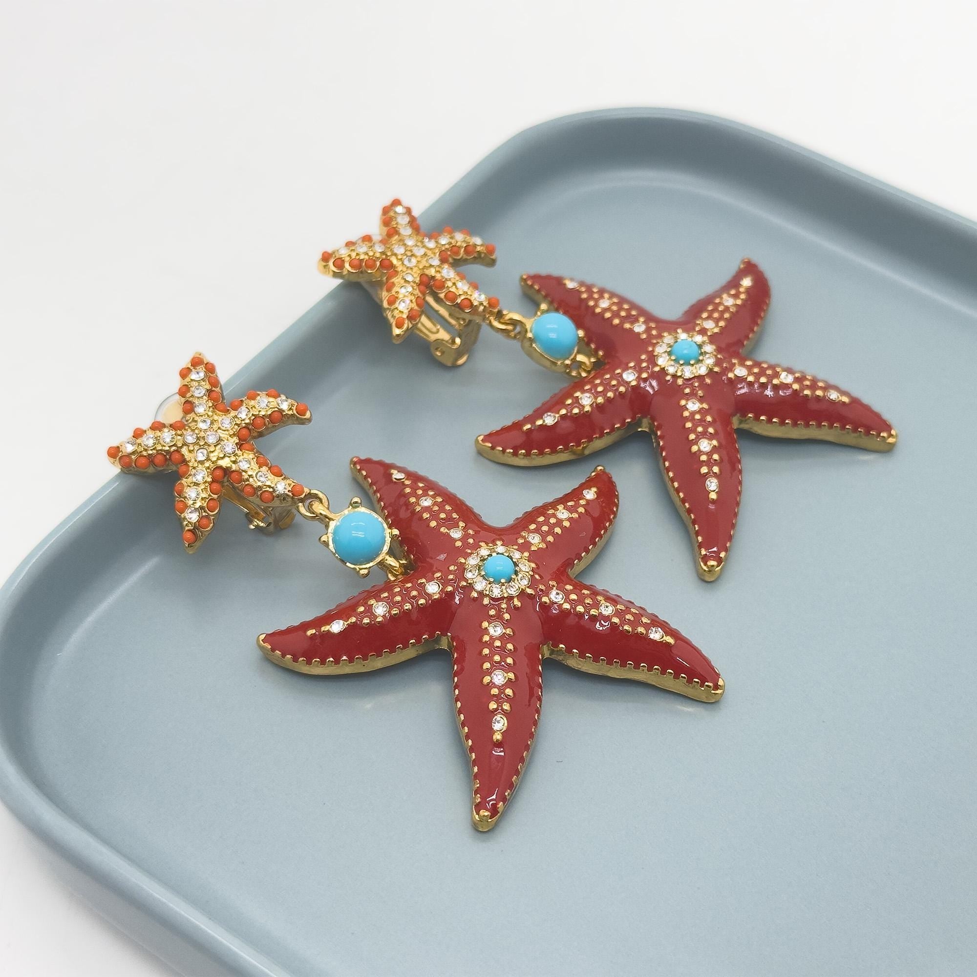 Art Deco Enamel Starfish Drop Earrings with Gemstone Copper