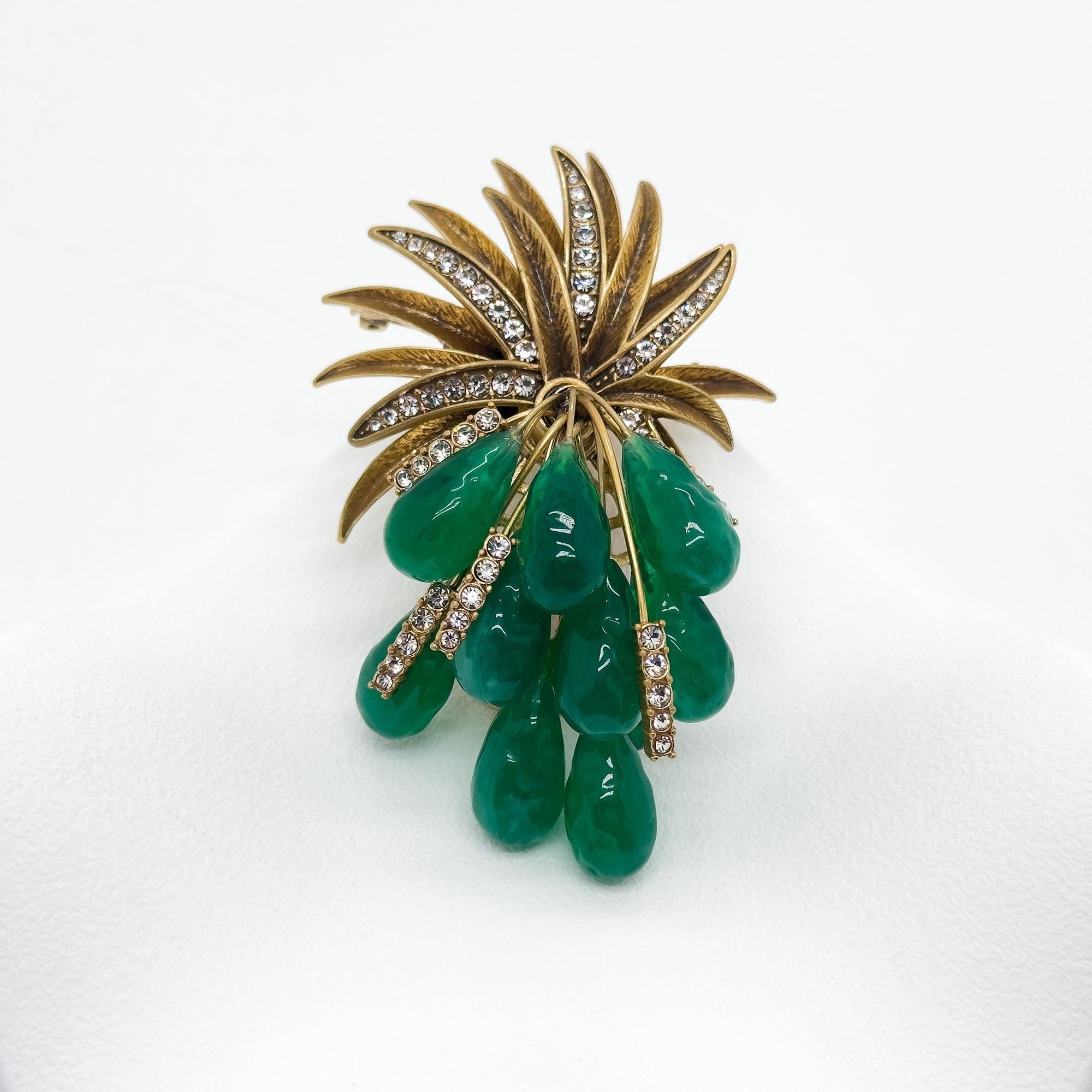 Vintage Art Deco Grape Brooch Copper Crystal Resin Pin