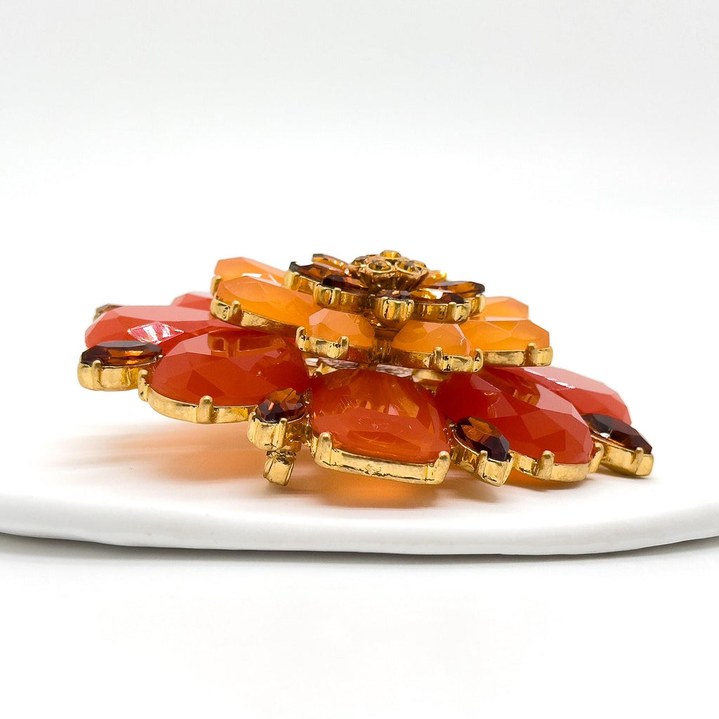 Vintage Art Deco 3D Red Flower Crystal Glass Copper Brooch