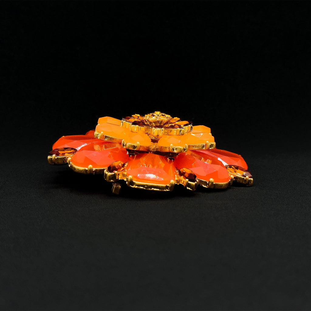 Vintage Art Deco 3D Red Flower Crystal Glass Copper Brooch