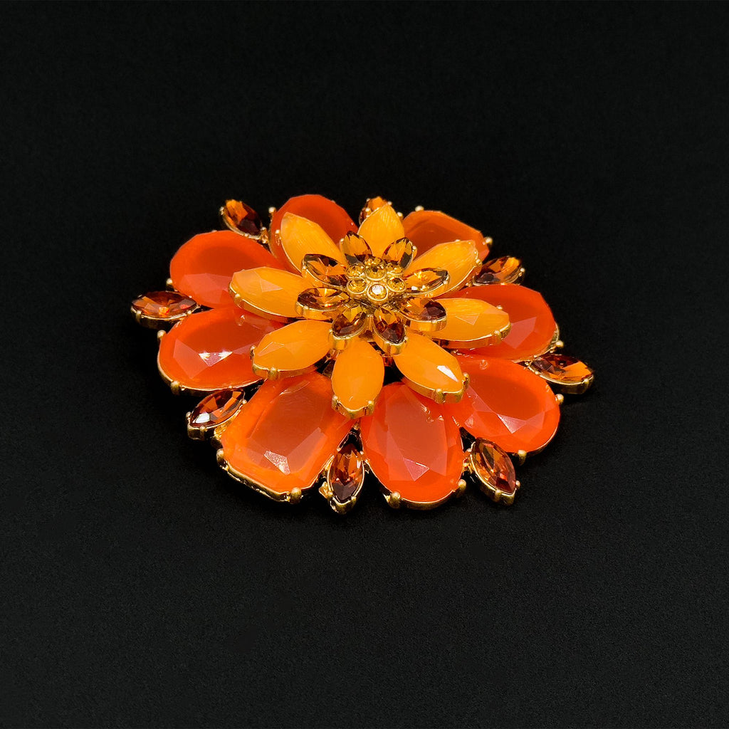Vintage Art Deco 3D Red Flower Crystal Glass Copper Brooch