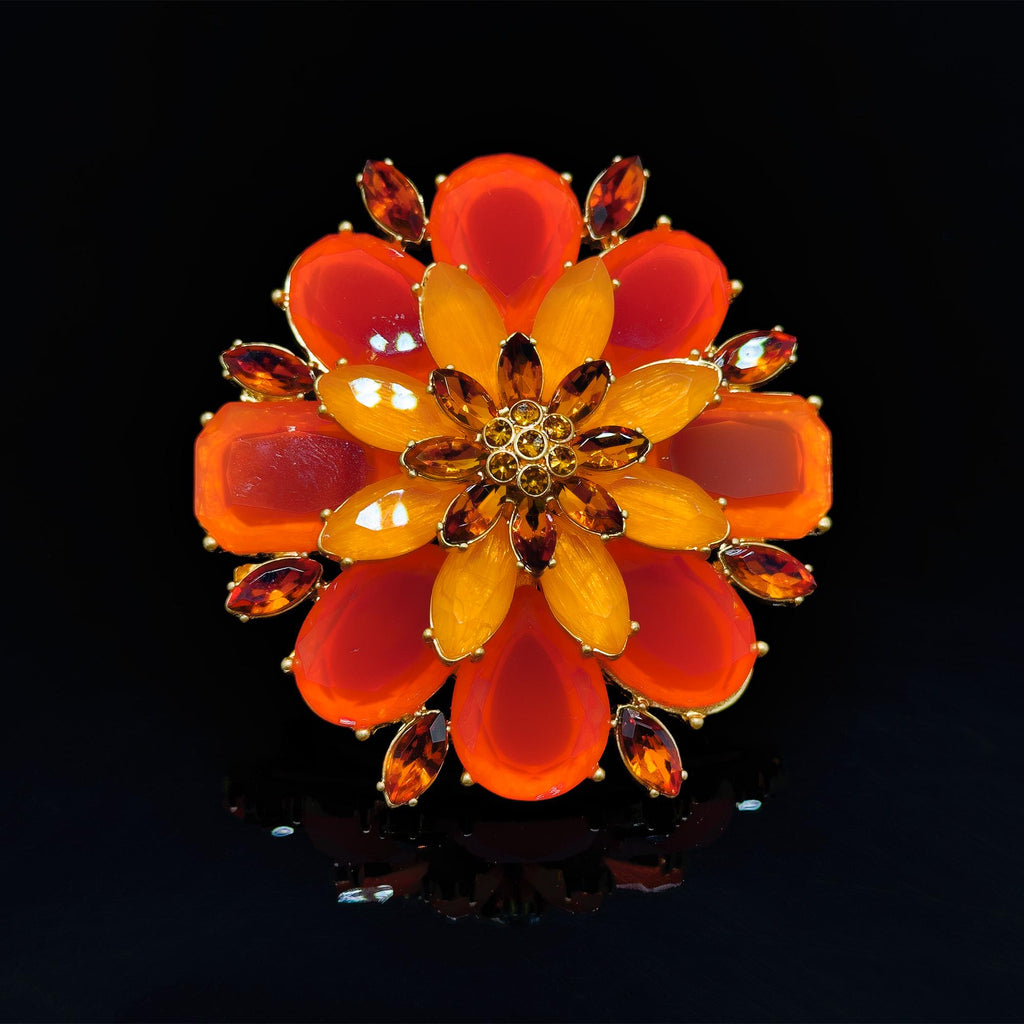 Vintage Art Deco 3D Red Flower Crystal Glass Copper Brooch