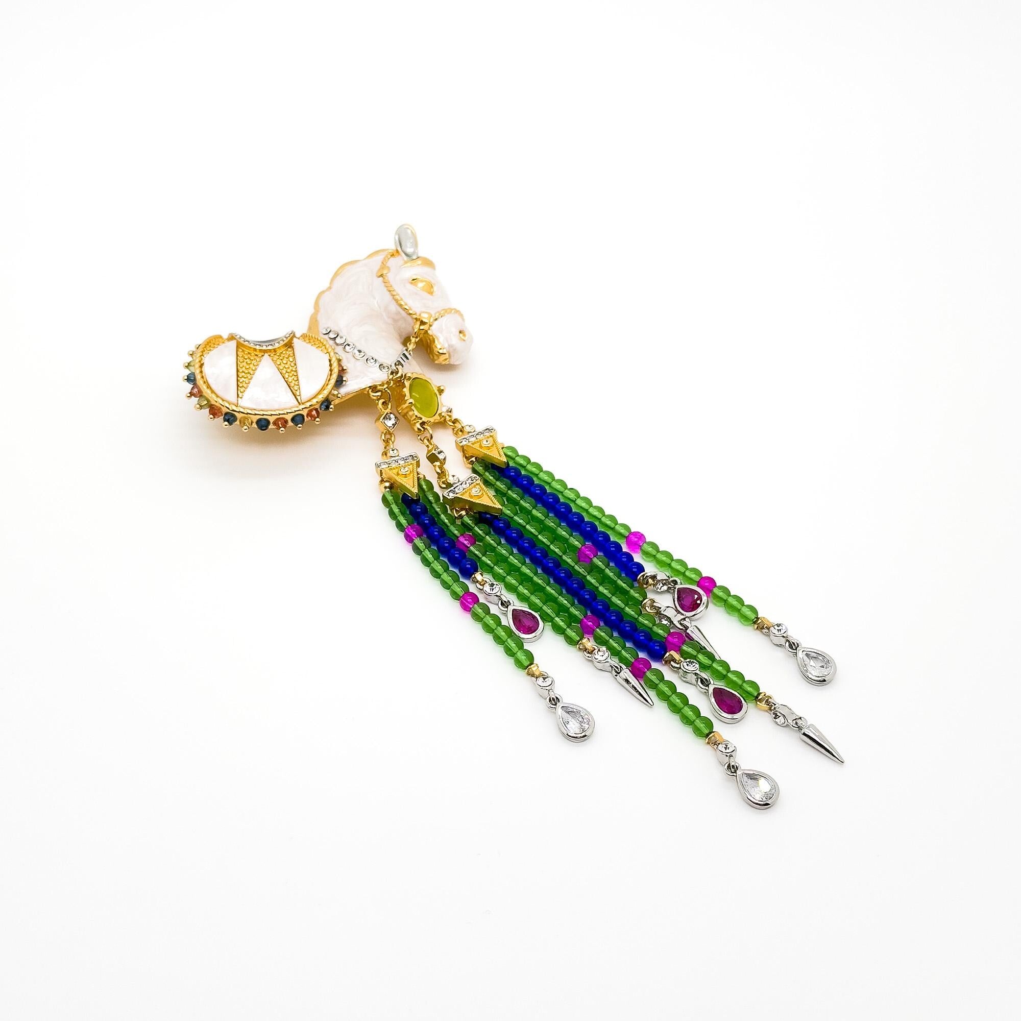 Vintage Art Deco White Horse Beaded Tassel Enamel Brooch Statement