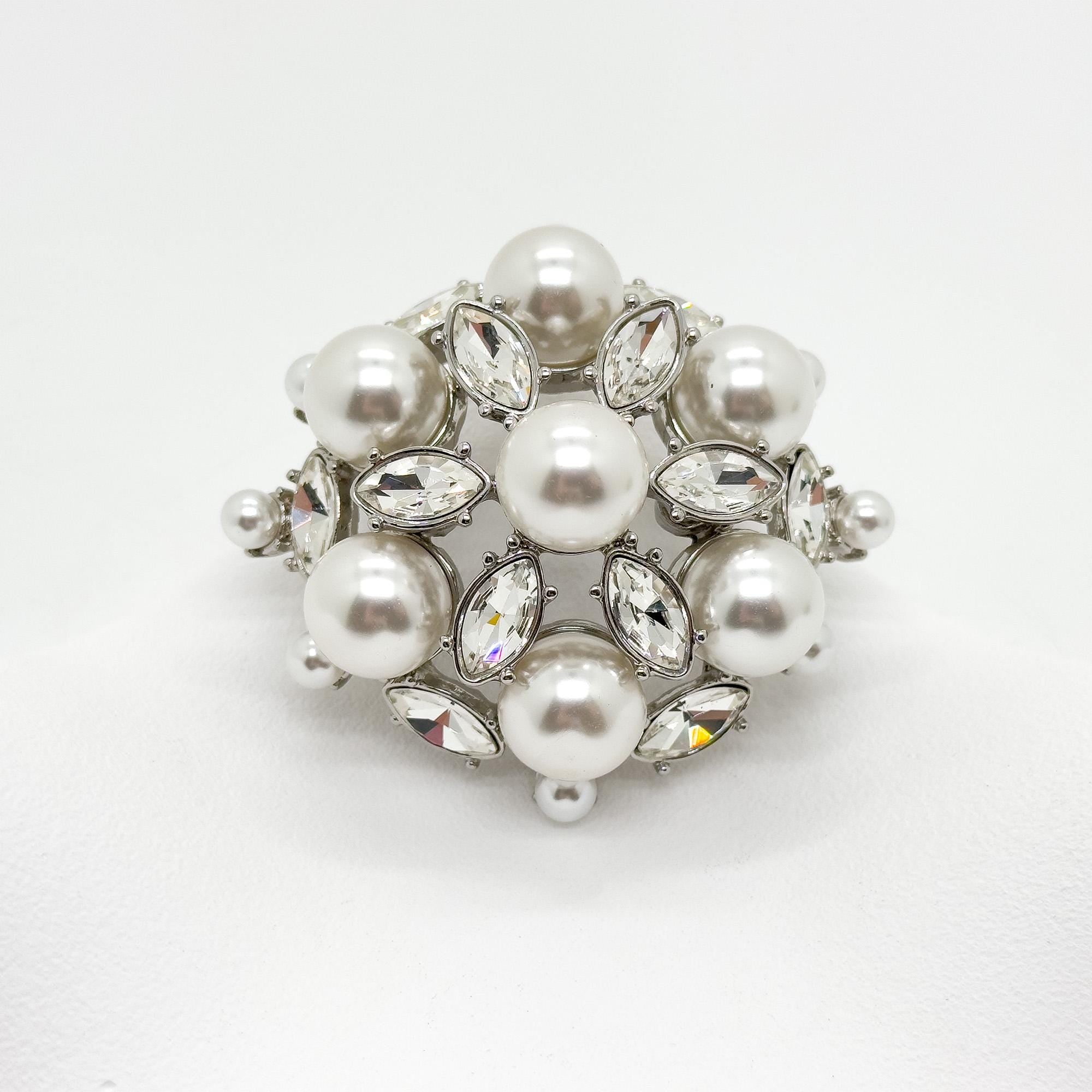 Vintage Art Deco Pearl Rhinestone Brooch Copper Coat Pin