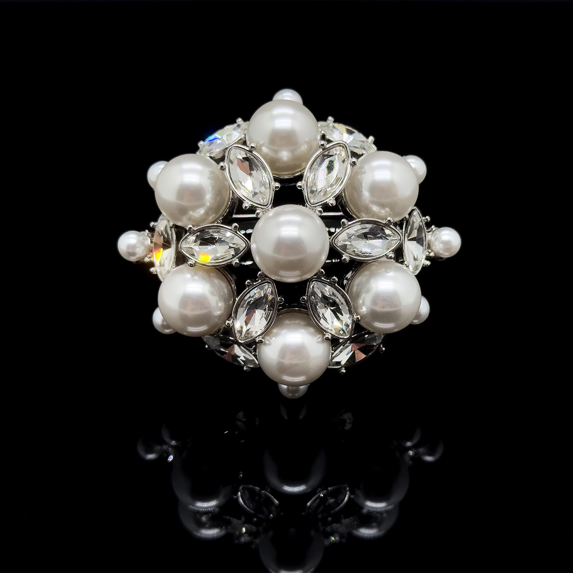 Vintage Art Deco Pearl Rhinestone Brooch Copper Coat Pin