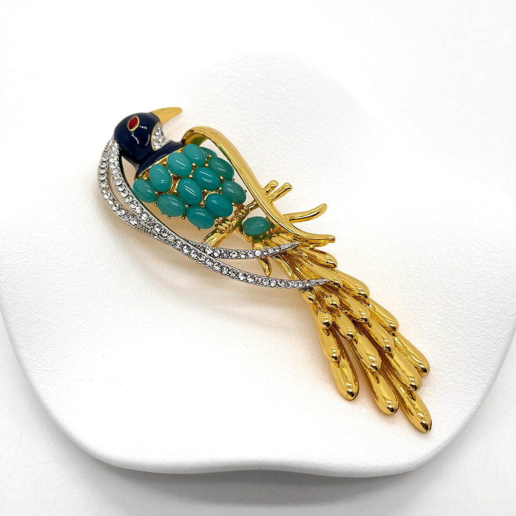 Vintage Art Deco 3D Bird Brooch Gold-Plated Rhinestone Magpie