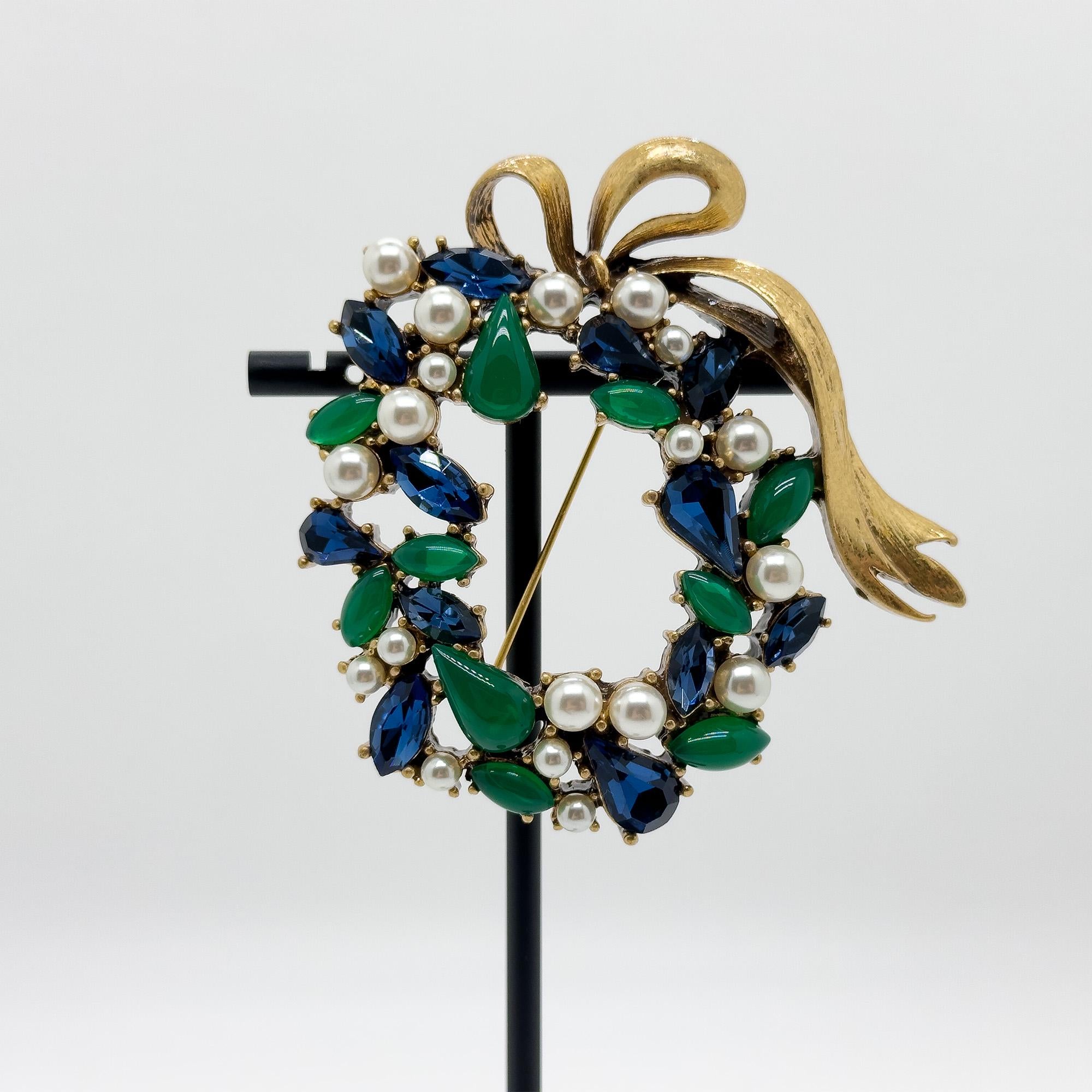 Vintage Art Deco Floral Bow Brooch Glass Pearl Copper 1960s