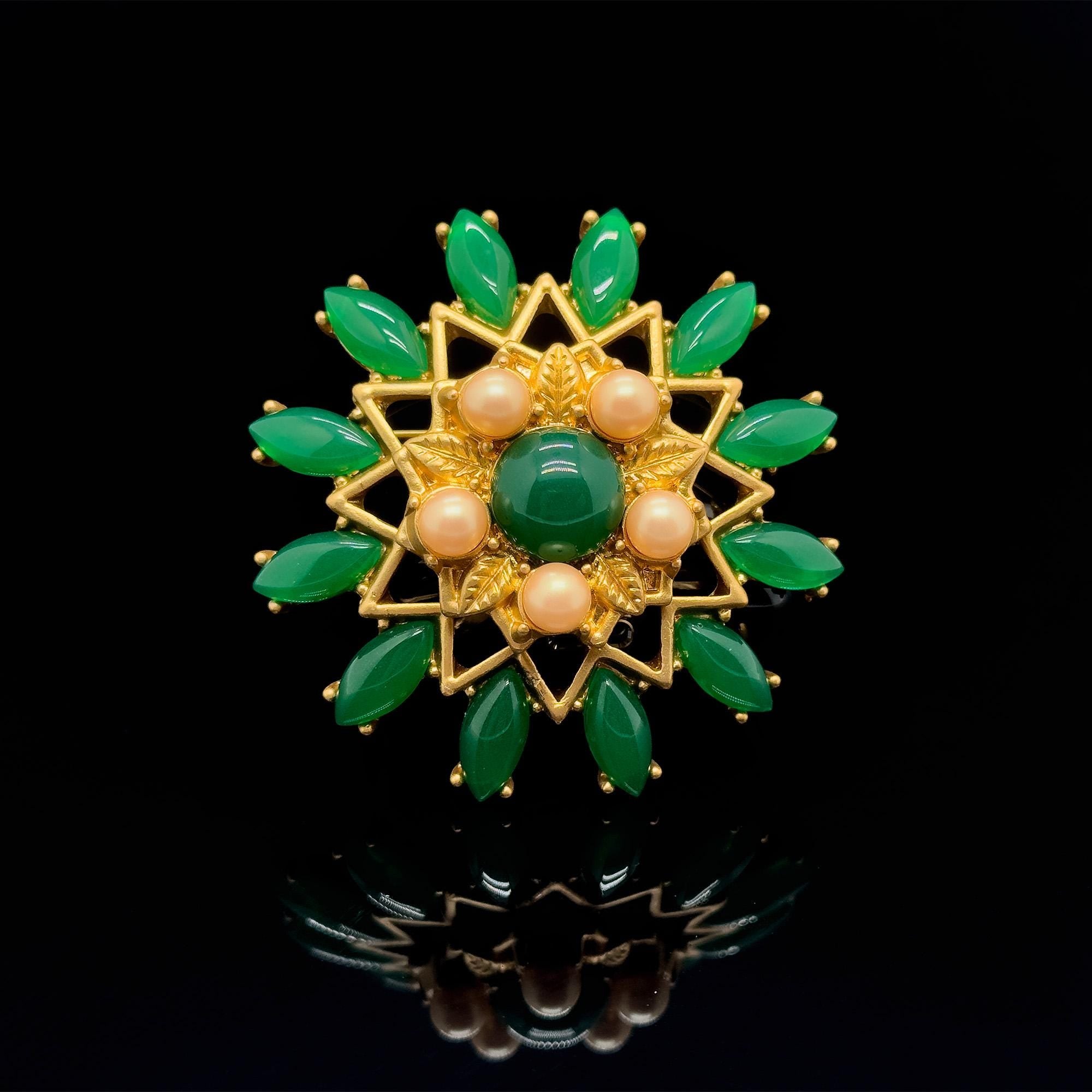 Vintage Art Deco Green Floral 3D Flower Brooch, 1960s Style