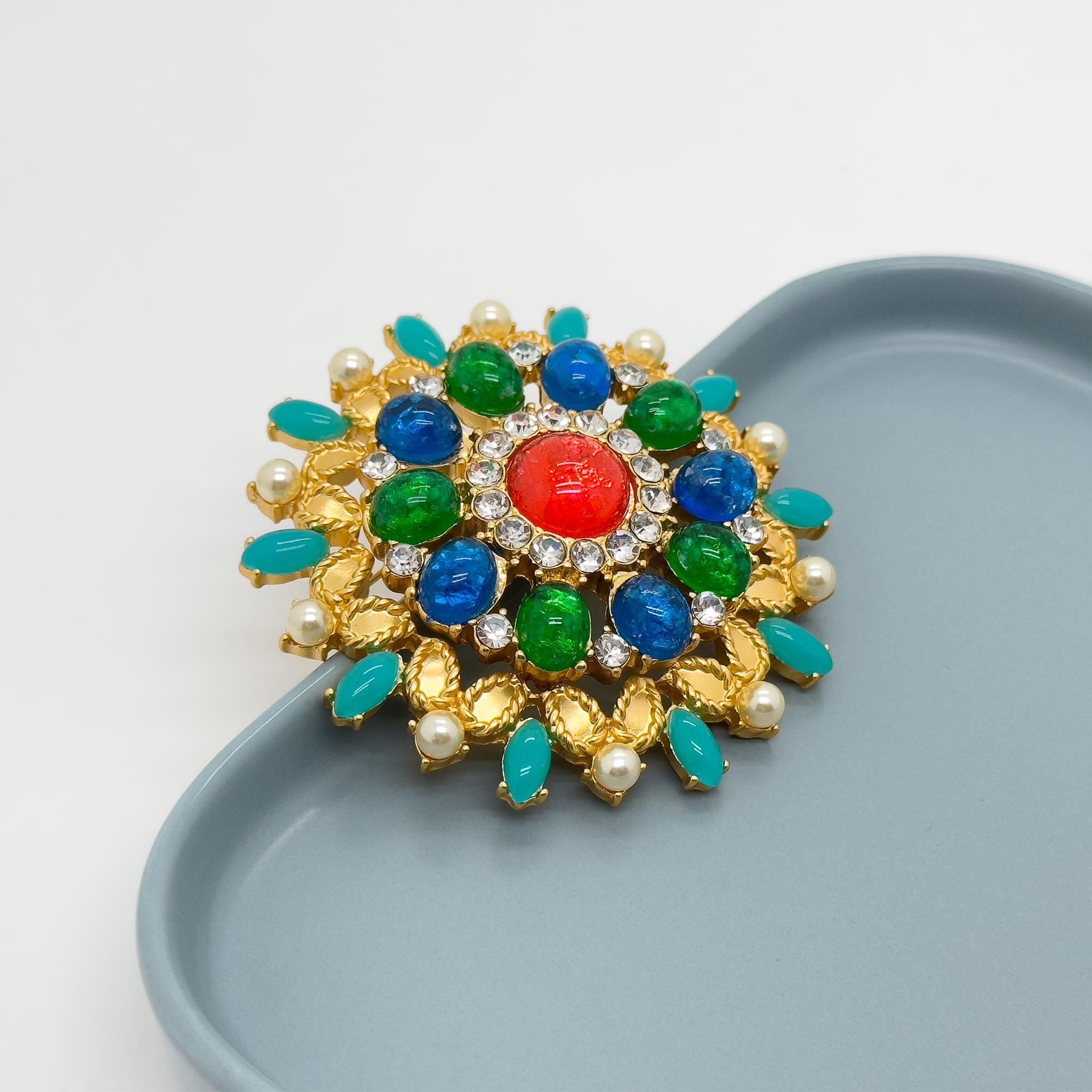 Vintage Art Deco Colour Glass Gemstone Floral Brooch 1960s Style