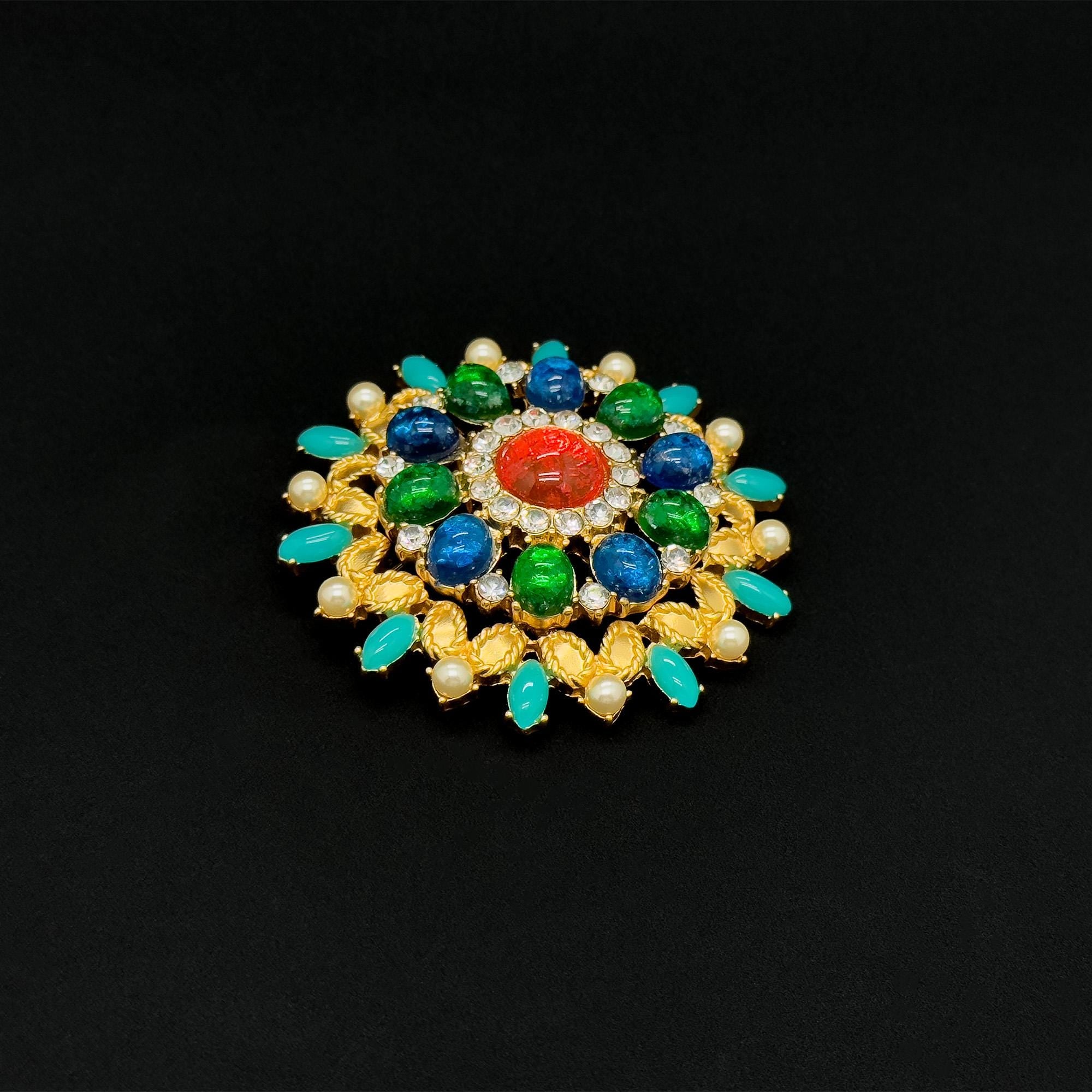 Vintage Art Deco Colour Glass Gemstone Floral Brooch 1960s Style