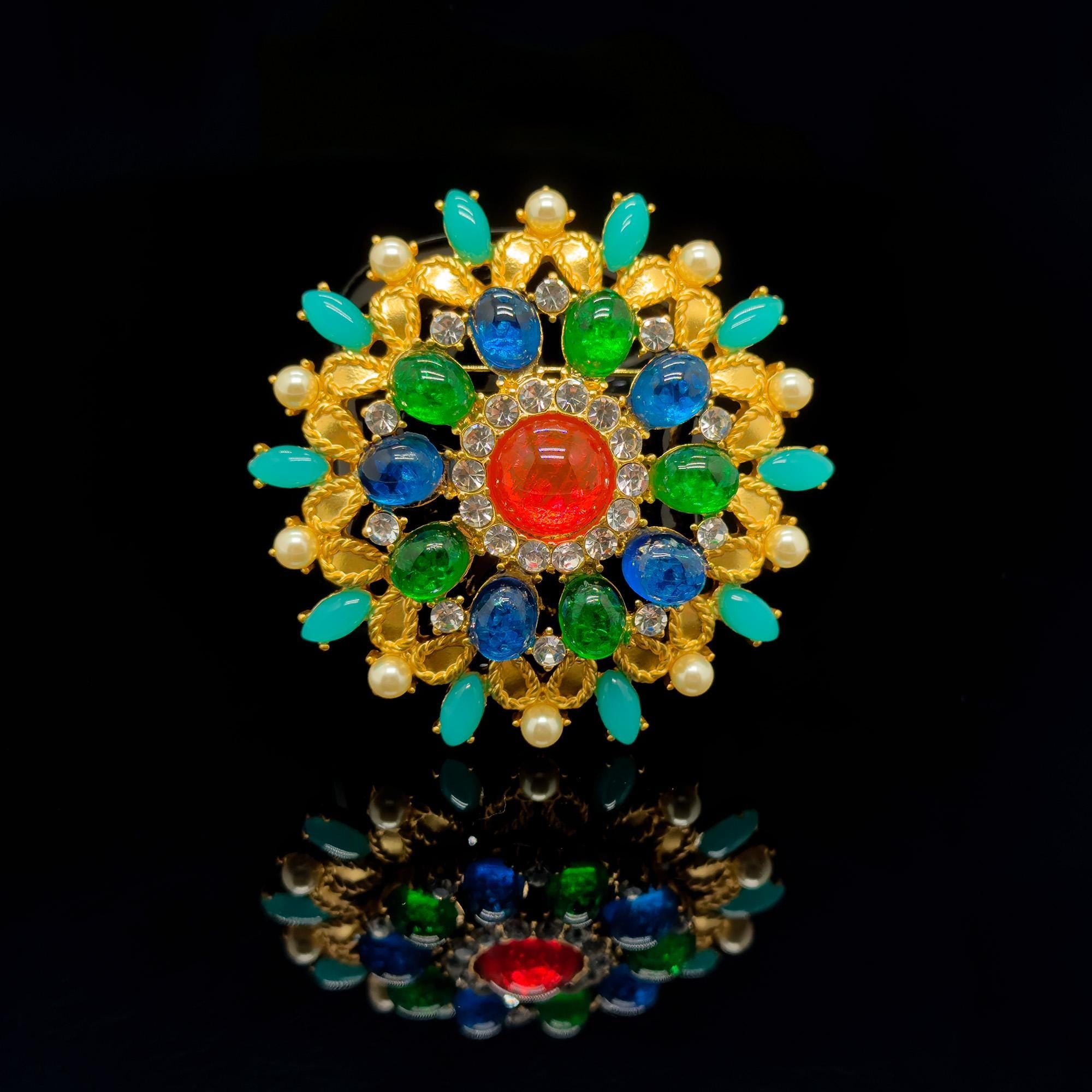 Vintage Art Deco Colour Glass Gemstone Floral Brooch 1960s Style