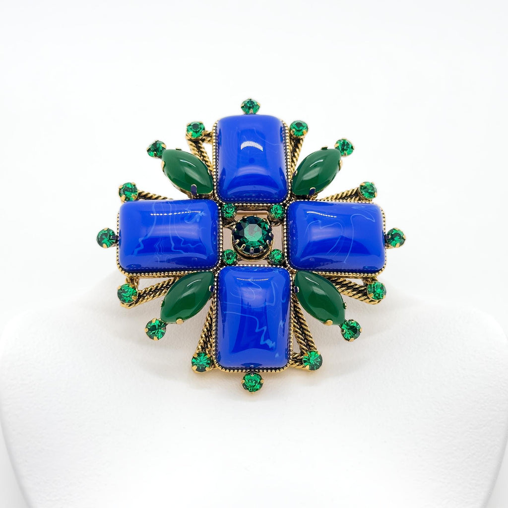 Vintage Art Deco Blue Gemstone Cross Brooch Rhinestone Overcoat Pin