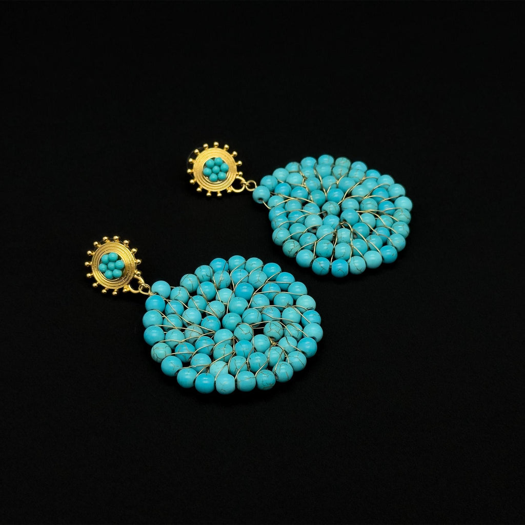 Vintage Turquoise Round Disc Hoop Earrings Art Deco Statement