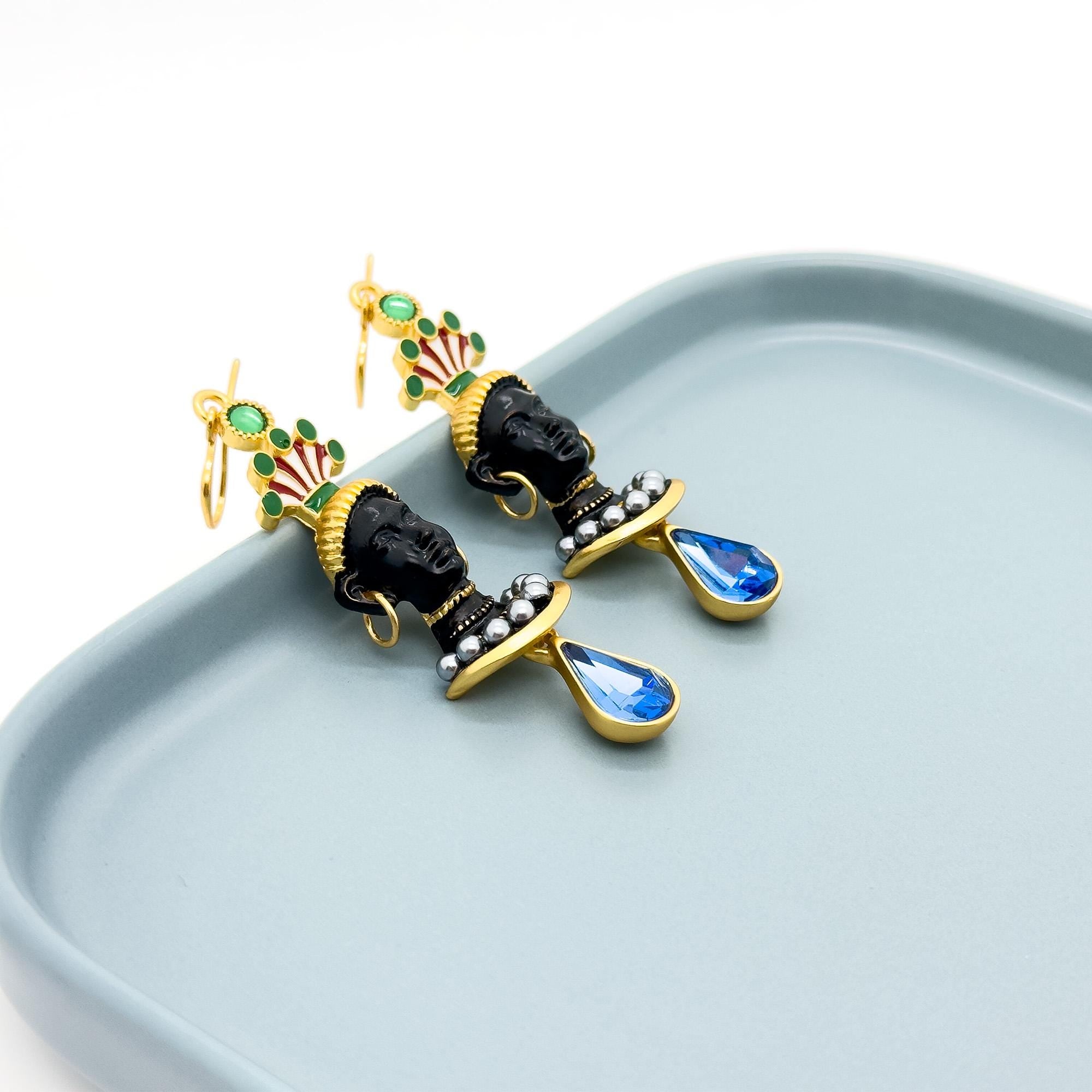 Vintage Ethnic Egyptian Figure Dangle Earrings 18K Gold Plated