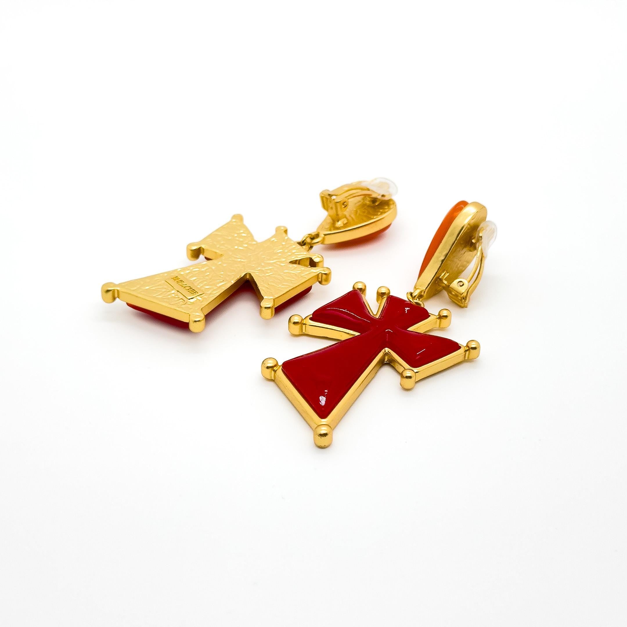 Gold-Plated Heart Drop Earrings with Cross Accent, Gift Boxed