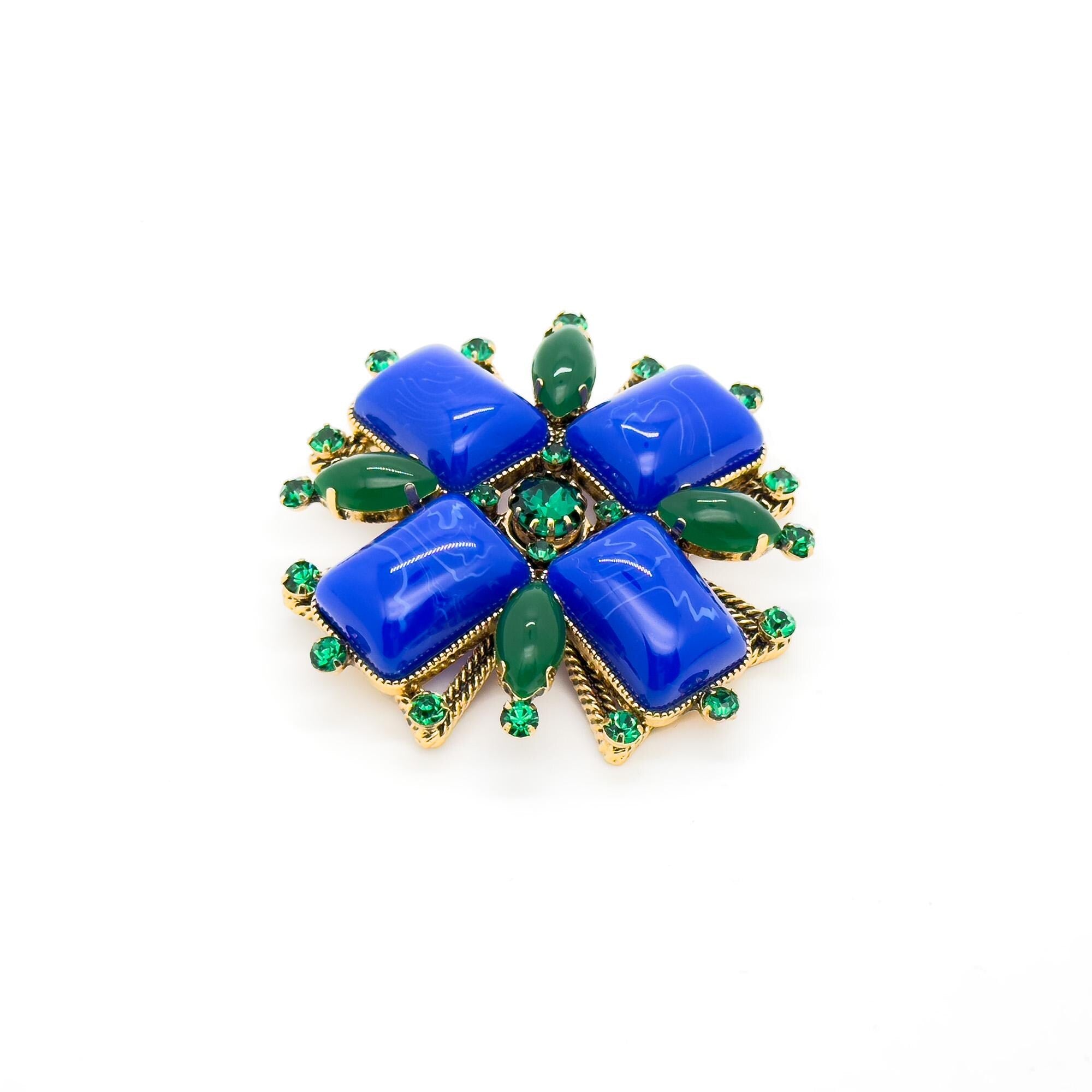 Vintage Art Deco Blue Gemstone Cross Brooch Rhinestone Overcoat Pin