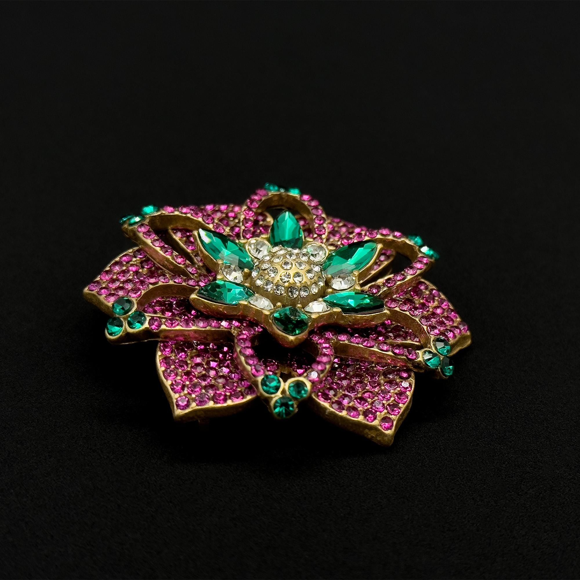 Vintage Art Deco Purple Flower Brooch Rhinestone Copper Accent