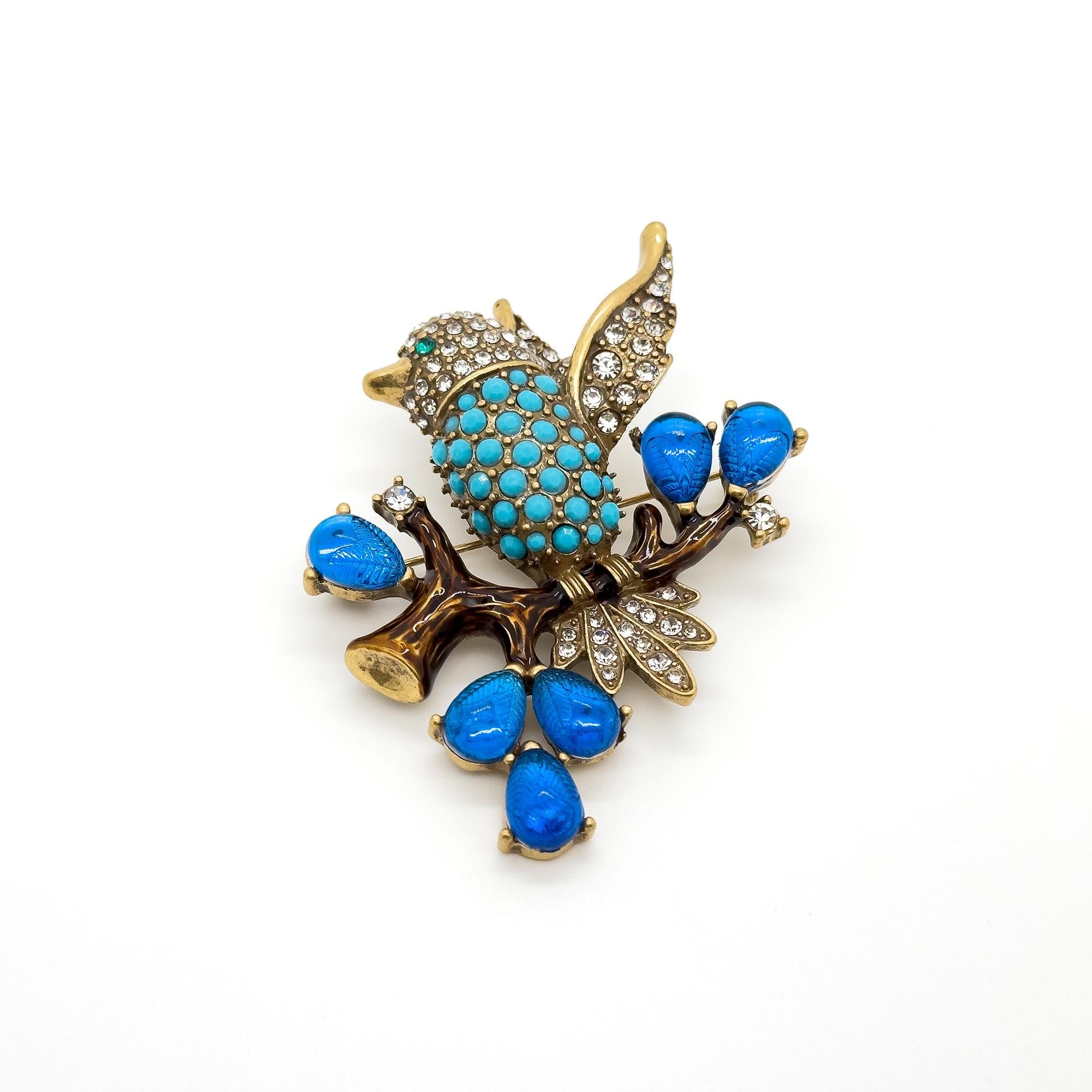 Vintage Art Deco Bird Rhinestone Gemstone Resin Copper Handmade Brooch