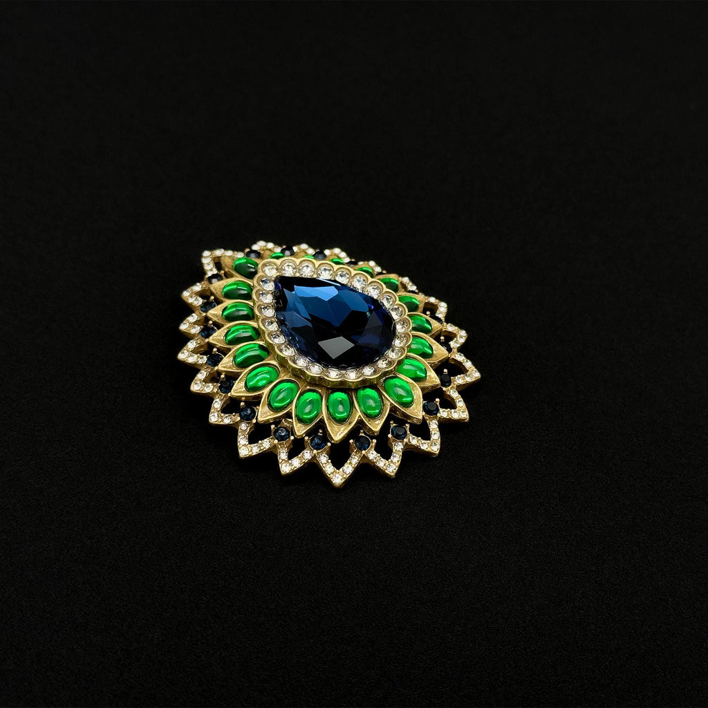 Vintage Art Deco Teardrop Brooch with 3D Flower and Rhinestones