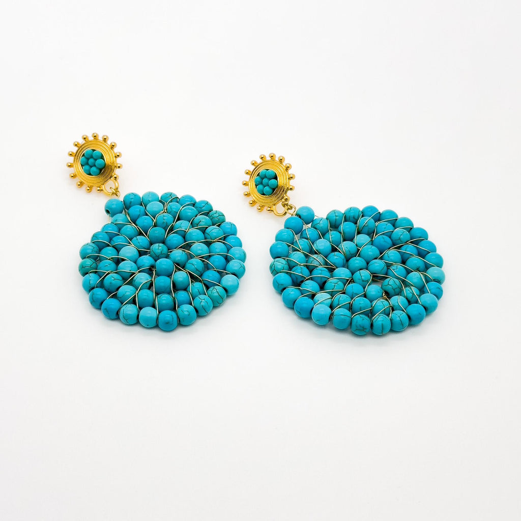 Vintage Turquoise Round Disc Hoop Earrings Art Deco Statement