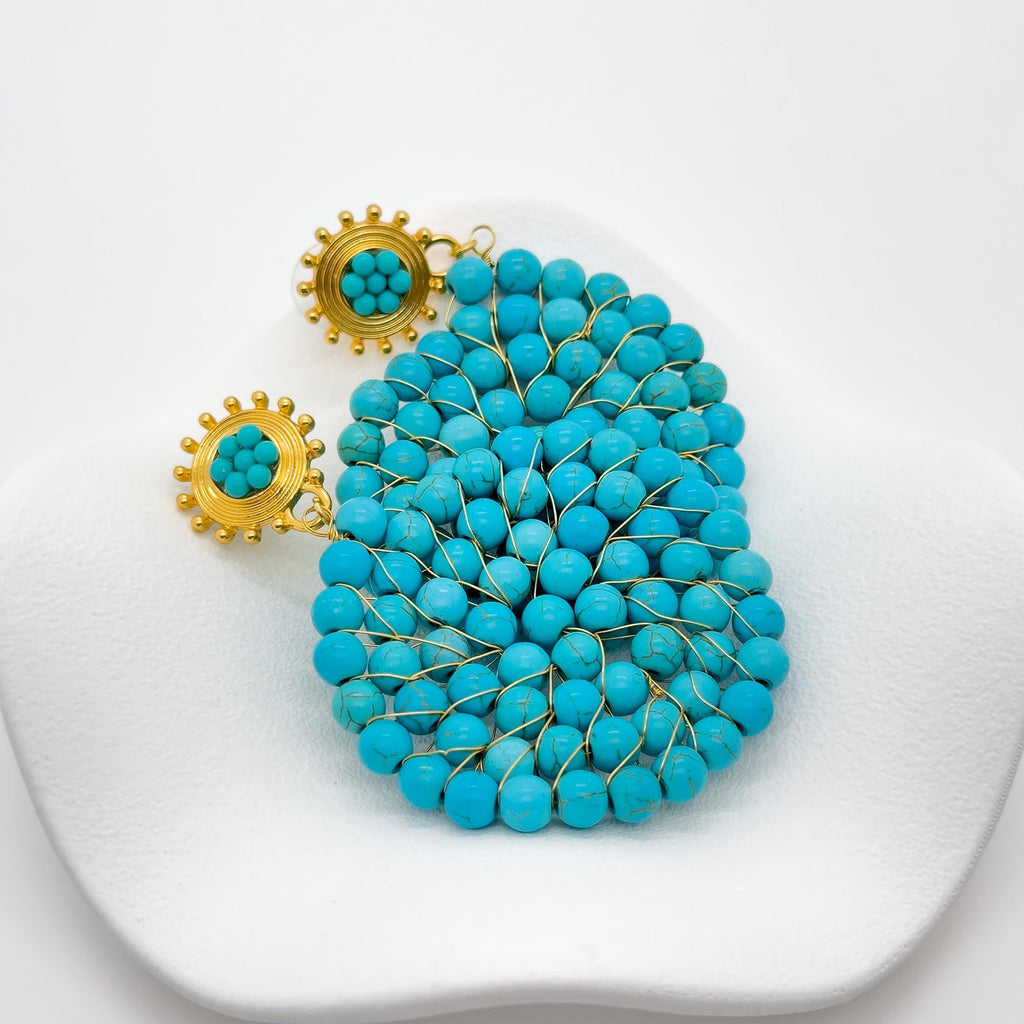 Vintage Turquoise Round Disc Hoop Earrings Art Deco Statement