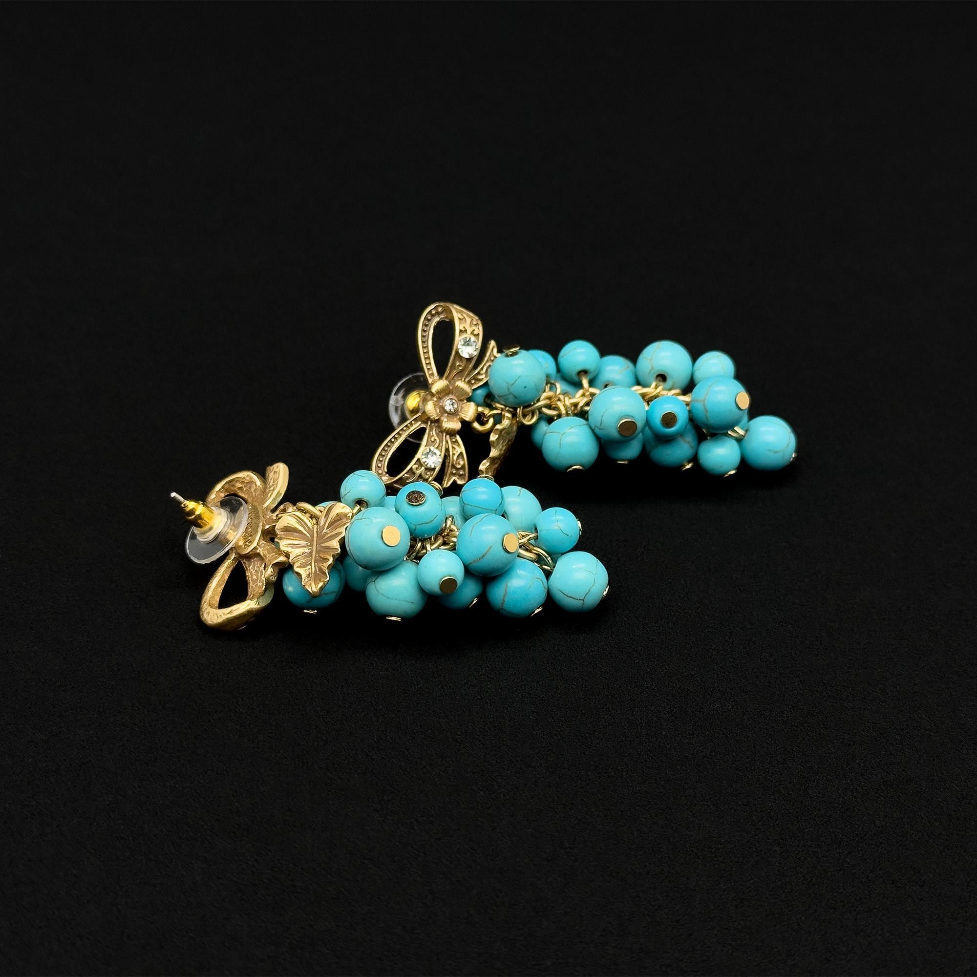 Handcrafted Turquoise Grape Art Deco Dangle Earrings Copper 925 Silver