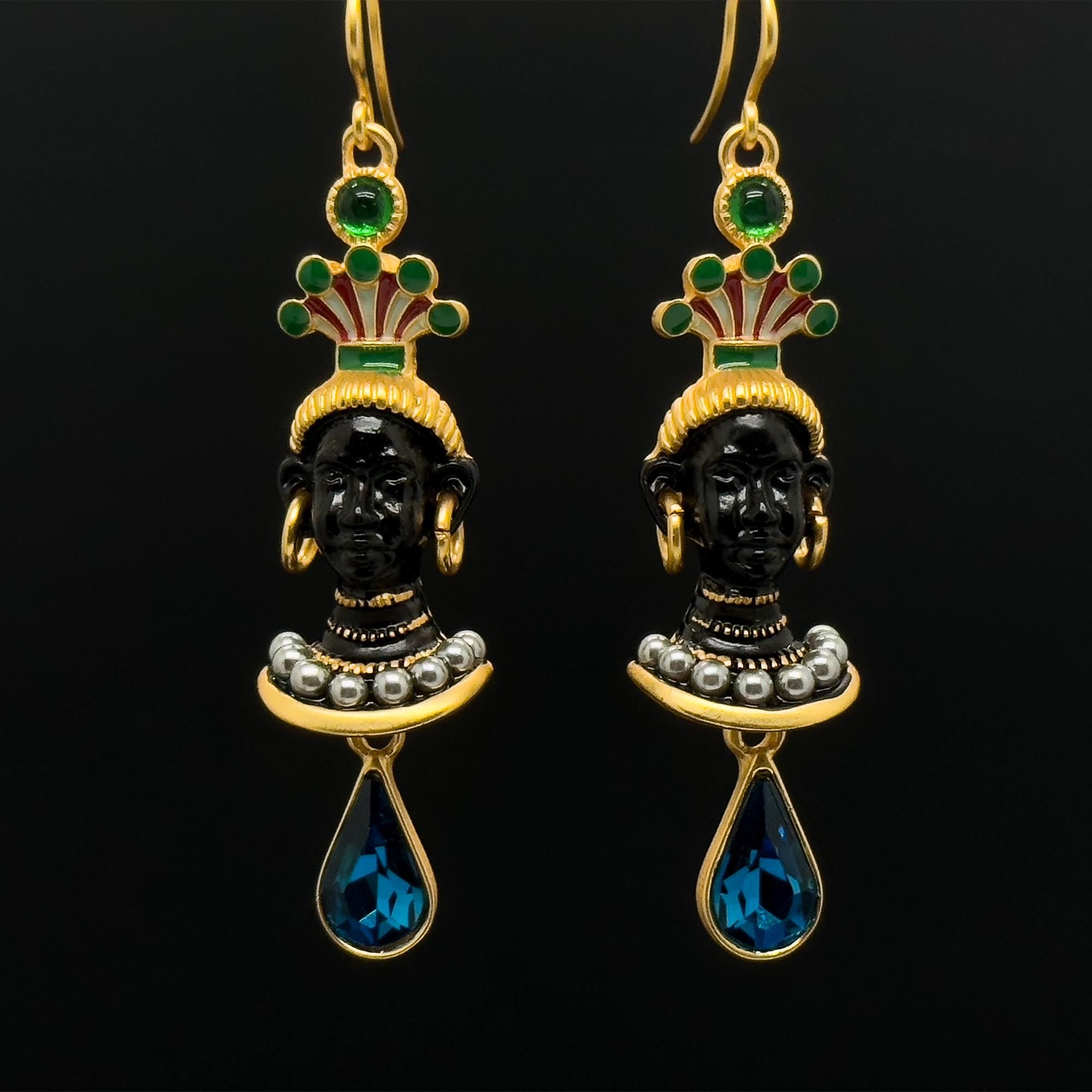 Vintage Ethnic Egyptian Figure Dangle Earrings 18K Gold Plated