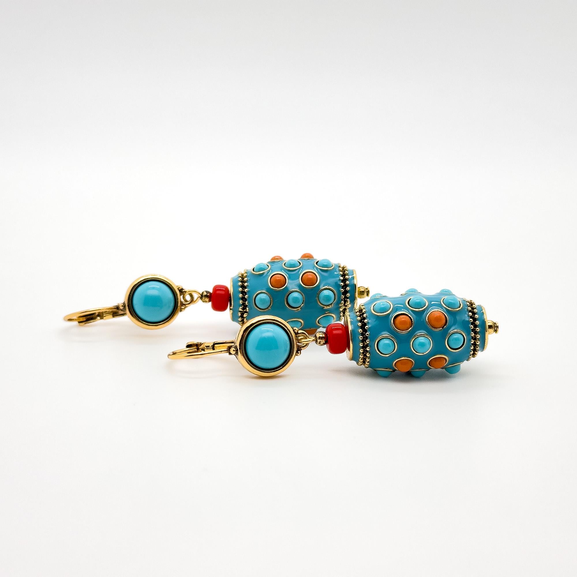 Vintage Ethnic Turquoise Thangka Drop Earrings Copper Enamel Tribal