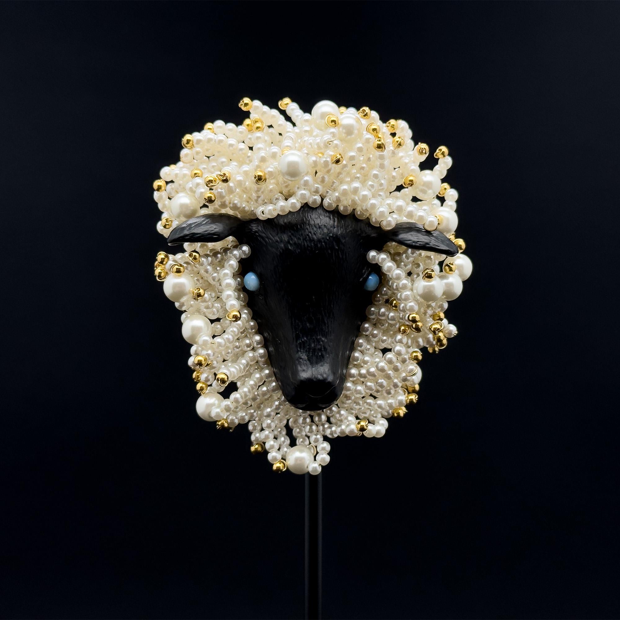 Vintage Art Deco Sheep Beaded Brooch with Gold-Plated Detail