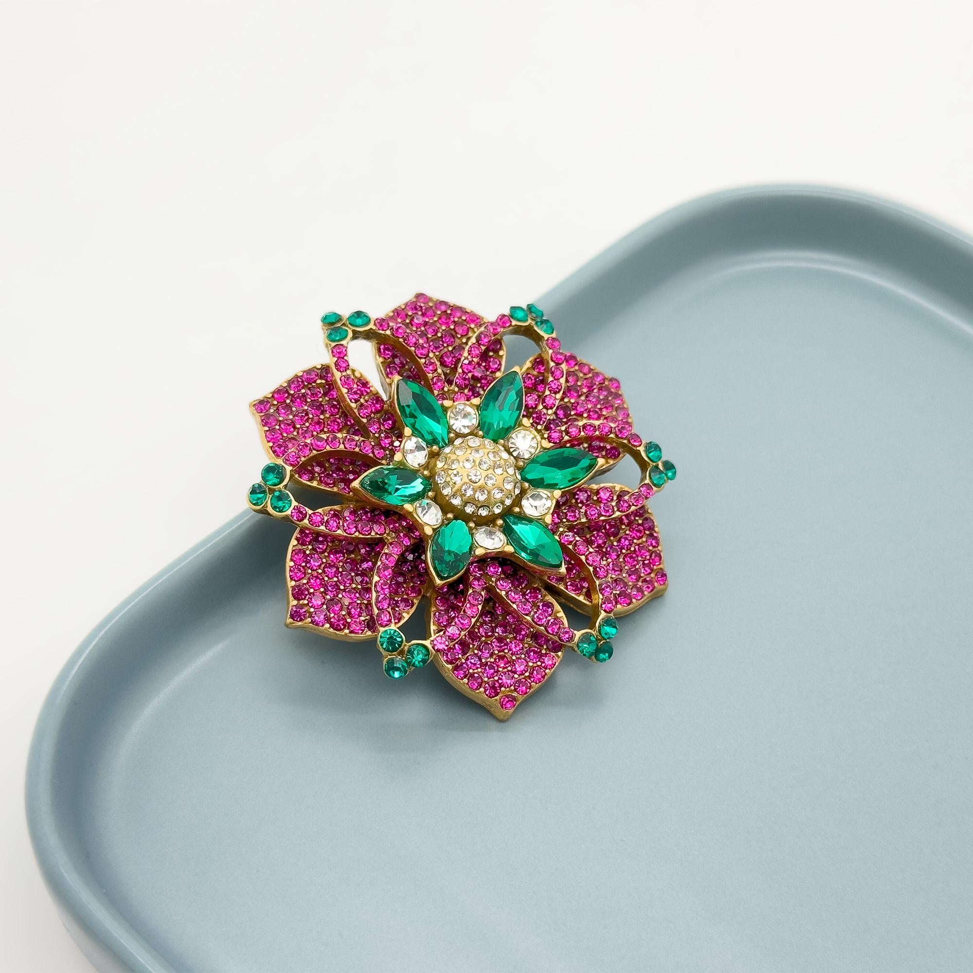 Vintage Art Deco Purple Flower Brooch Rhinestone Copper Accent