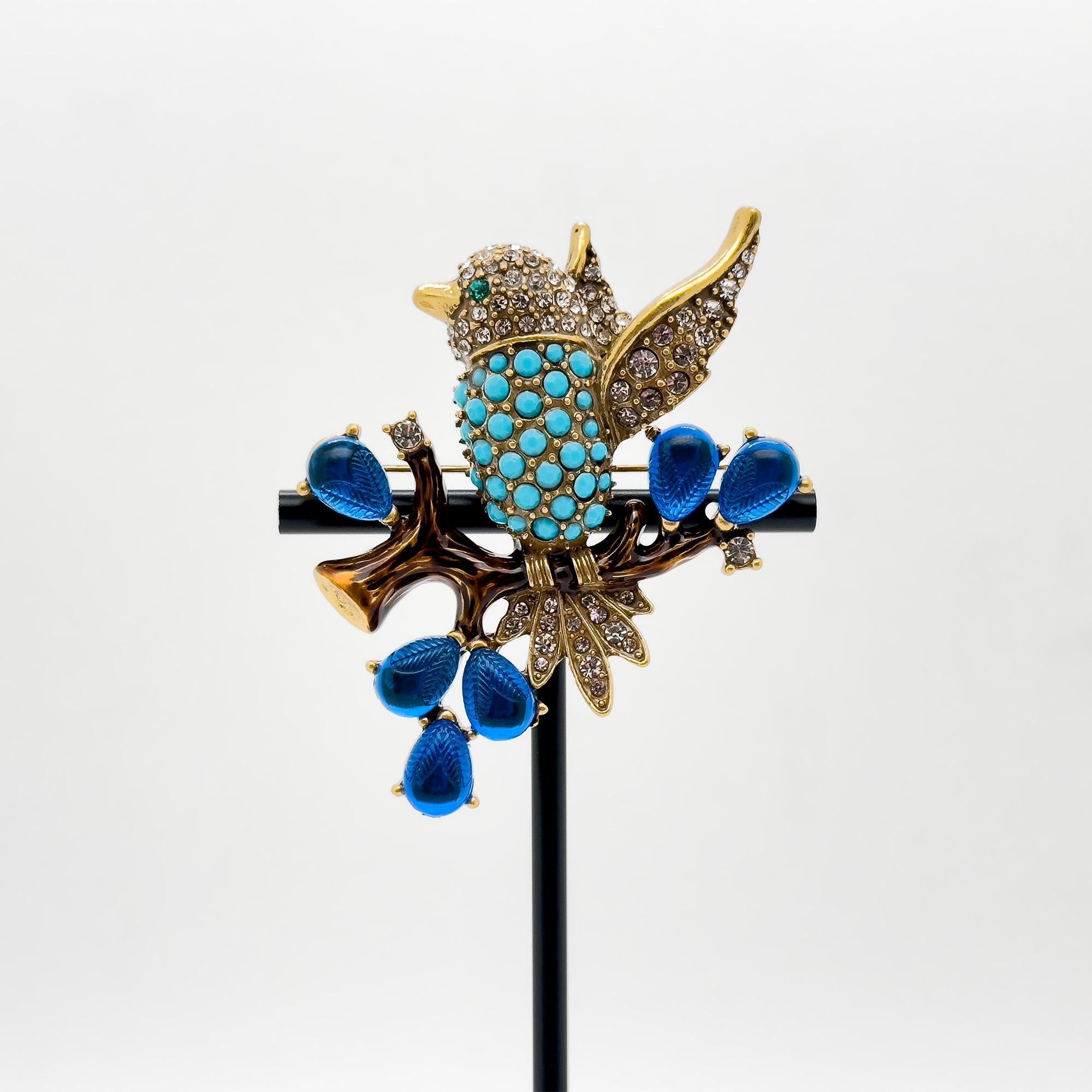 Vintage Art Deco Bird Rhinestone Gemstone Resin Copper Handmade Brooch