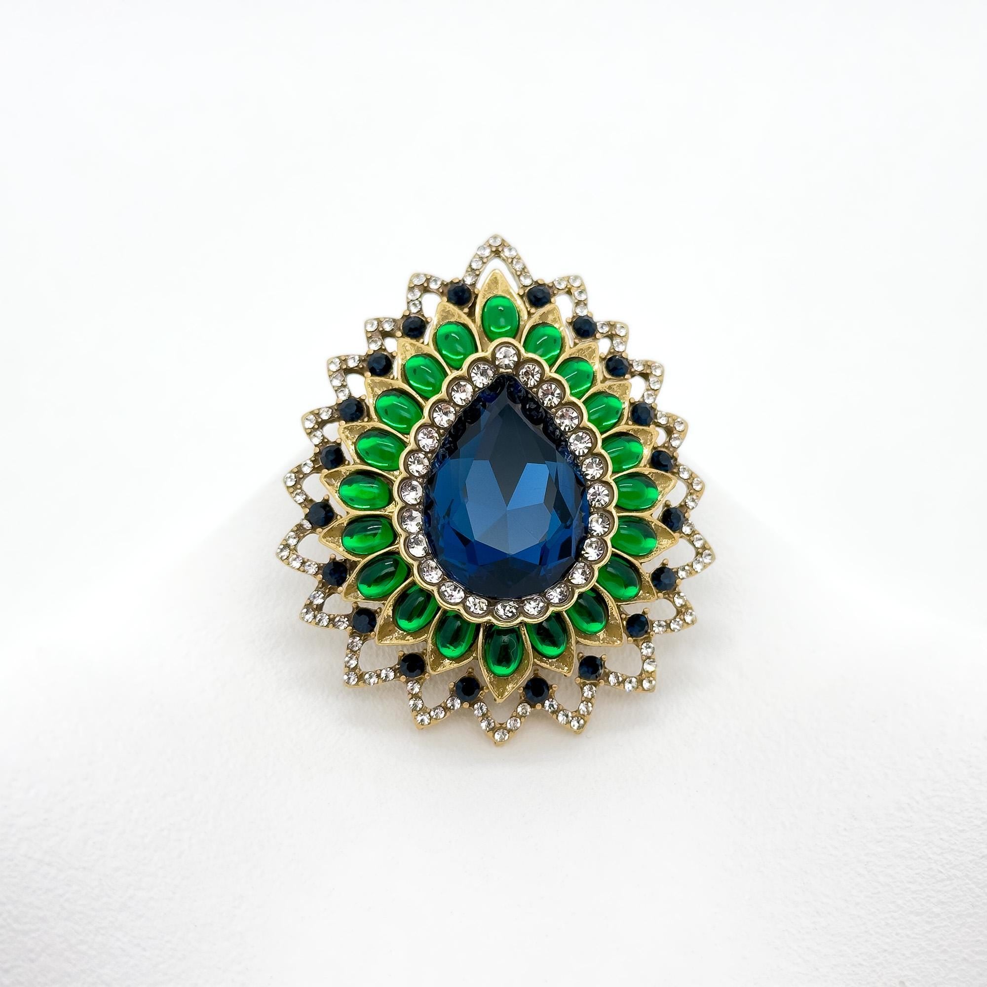 Vintage Art Deco Teardrop Brooch with 3D Flower and Rhinestones