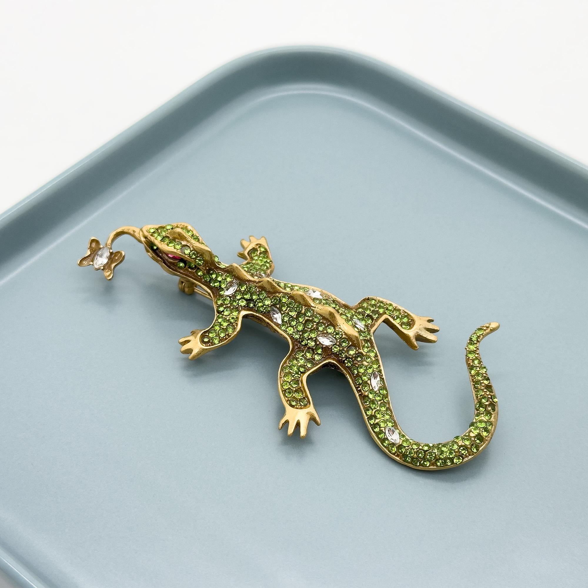 Vintage Art Deco Gecko Brooch Copper Rhinestone Glass Statement Pin